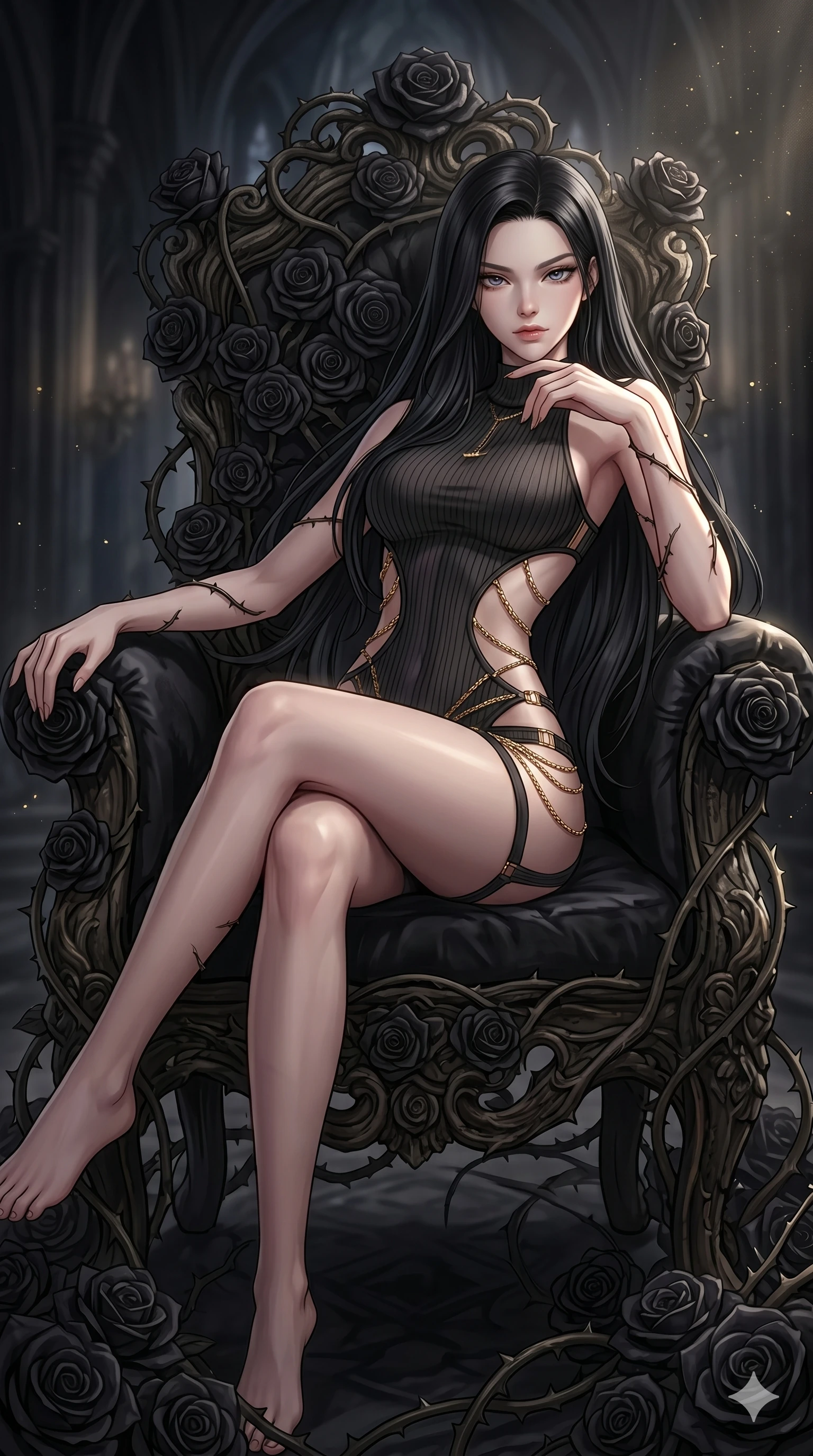 score_9, masterpiece, best quality, ultra-detailed, High-budget Anime Keyframe, East Asian woman. Dynamic full-body shot stretching the vertical silhouette to the limit. Scenario 10: Resting on a throne of black roses, thorns grazing her skin. Her presence is magnetic and overpowering in this high-budget anime scene. Outfit 10: A ribbed bodycon knit garter with a strategic side cut-outs and fine gold chains. The clothing is designed to emphasize her exceptionally tall and slender 8-heads proportion. 8-heads proportion, towering silhouette, ultra-slim waist. sharp v-shaped jawline, intricate jewel-like eyes with depth, thick eyelashes, glossy lips. 2k, ultra detail, master piece, 9:16 ratio