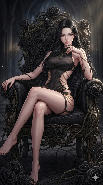 score_9, masterpiece, best quality, ultra-detailed, High-budget Anime Keyframe, East Asian woman. Dynamic full-body shot stretching the vertical silhouette to the limit. Scenario 10: Resting on a throne of black roses, thorns grazing her skin. Her pr