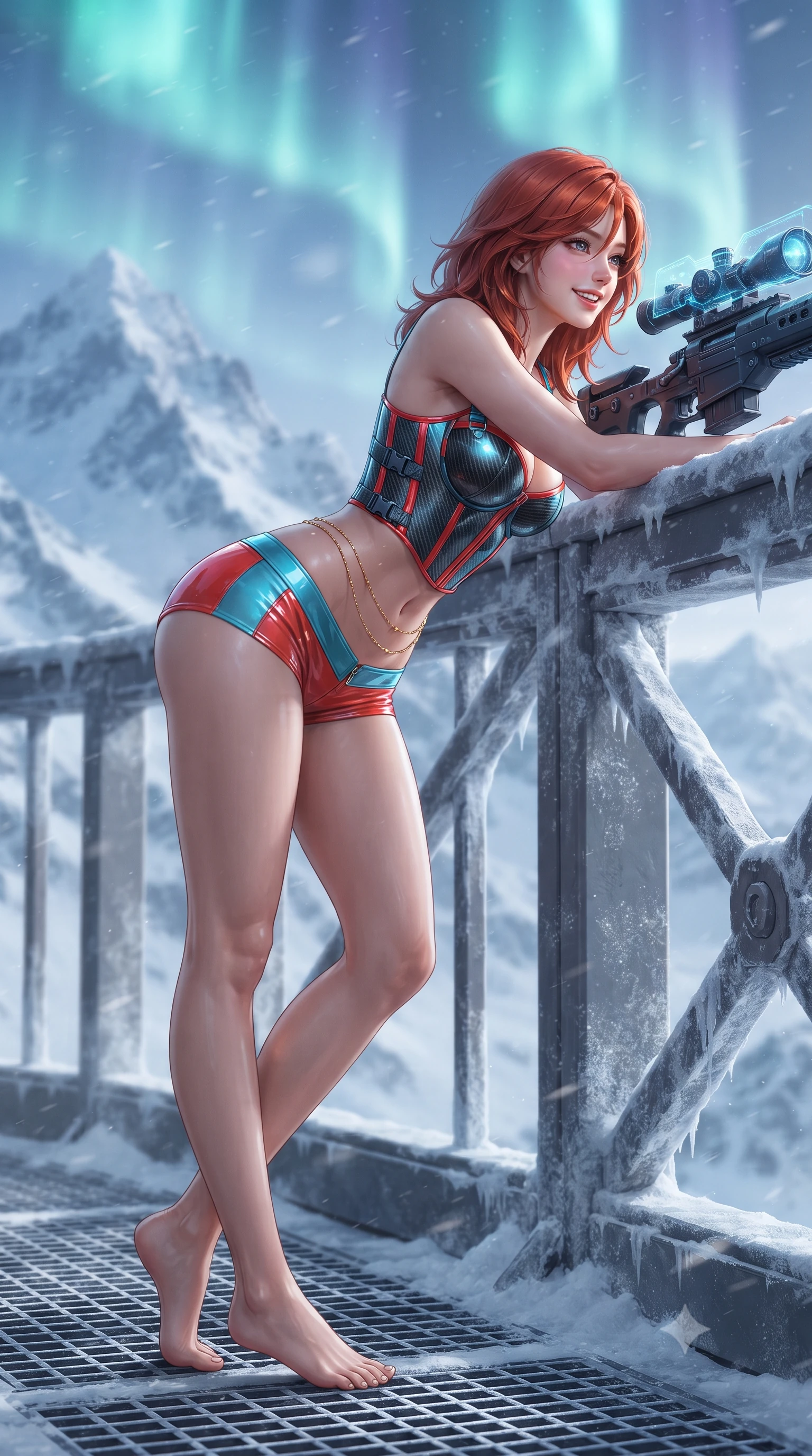 score_9, masterpiece, best quality, ultra-detailed, high-budget anime keyframe, editorial fashion photography, tasteful artistic composition, Korean woman. low angle full-body shot from head to toe showing her feet, filling the entire 9:16 vertical frame with her statuesque presence, stretching her vertical silhouette. leaning deep against the balcony balustrade with hips cocked back in an unapologetically alluring high-fashion stance, casting an intoxicating glance while leaning against the tactical parapet with hips cocked back, looking through illuminated holographic sniper optics toward frozen mountain peaks with bedroom-eyes. The background shows a soft-focus fine wind-whipped powder snow softened in high-altitude mountain outpost shallow focus. She has an exceptionally tall and slender model-like 8.5-heads proportion, an ultra-slim waist, a flat toned midriff, narrow delicate ribcage, and beautifully sculpted feminine hips creating a graceful, slim hourglass silhouette without any bulky heaviness, with impossibly long slender legs. sharp v-shaped jawline, high-bridge nose, intricate jewel-like sparkling eyes with depth, thick eyelashes, glossy parted lips with a natural peach sheen, bright cheerful beaming smile with an enchanting and coquettish sensual glint, exuding both youthful cute charm and seductive allure, flawlessly proportioned anatomical accuracy, strict slender model proportions, natural body alignment, perfectly sculpted long slender limbs, ultra-slim waistline, clean dynamic posture without body distortion. wearing a sculpted carbon-fiber underwire crop corset with tactical buckle straps paired with low-rise micro shorts in cyber-shinto vermilion and laser turquoise, tailored from high-gloss patent leather with mirror-like specular highlights, accented with a dainty gold belly chain resting across her flat midriff and curving hips, the precision-cut side openings and low-back scoop framing her graceful spine and the sensual sweep of her slim, toned hips. bathed in the natural undulating luminescence of polar auroras contrasted with warm 2500K dome interior cove lighting. ultra-reflective glossy finish, specular highlights, rich textural contrasts, high-contrast stereoscopic depth, volumetric dynamic lighting, 2k, ultra detail, master piece, 9:16 ratio
