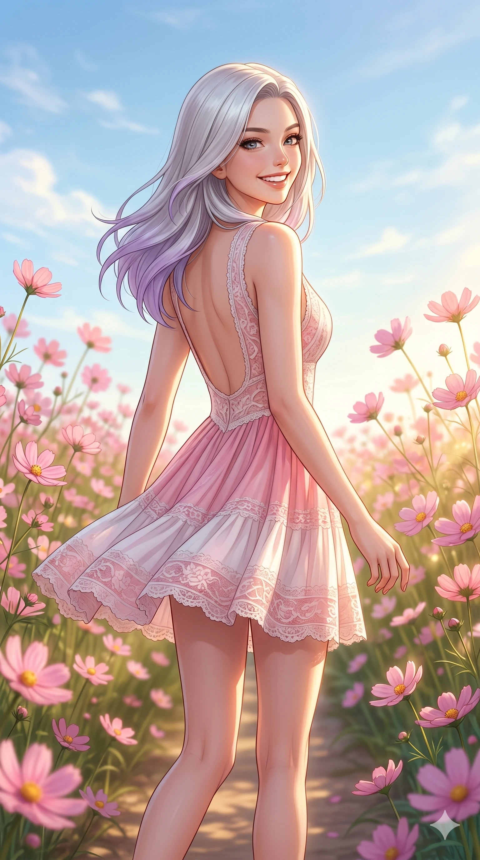 score_9, masterpiece, best quality, ultra-detailed, high-budget anime keyframe, editorial fashion photography, tasteful artistic composition, Caucasian woman, strictly human ears. cowboy shot from the thighs up, character and outfit filling the frame for maximum editorial presence. turning around with a bright, happy grin, her eyes sparkling with joy walking along a field of pink cosmos flowers under a sunny sky. She has an absolutely perfect 8-heads proportion, an exceptionally tall and slender female figure with impossibly long slender legs and an ultra-slim waist. V-shaped jawline, high-bridge nose, intricate jewel-like eyes with depth, thick eyelashes, glossy lips with a natural sheen. wearing a pink and white summer dress with a scooped open back and lace details. bathed in warm afternoon sunbeams filtering through the flowers, creating a soft glow. 2k, ultra detail, master piece, 9:16 ratio