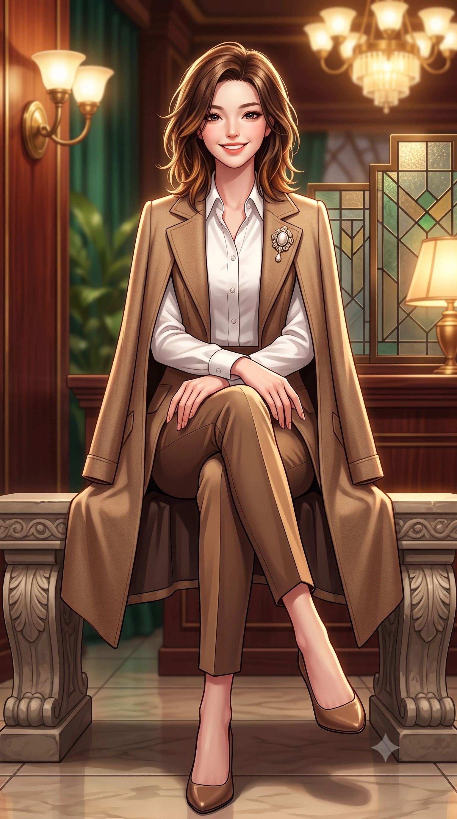 score_9, masterpiece, best quality, ultra-detailed, high-budget anime keyframe, semi-realistic 3D game render, editorial fashion photography, tasteful artistic composition, Korean woman. low angle full-body shot from head to toe showing her feet, filling the entire 9:16 vertical frame with her statuesque presence, stretching her vertical silhouette. sitting gracefully on the carved stone bench with legs crossed at the ankles, hands resting gently in her lap with noble poise while walking through the 1920s-inspired Ginza salon past brass-framed vitrines, turning with magnetic cosmopolitan charm. The background shows a soft-focus curved brass Art Deco light sconces, geometric leaded glass screens, and polished rosewood walls blurred into emerald, brass, and rosewood bokeh. She has an exceptionally tall and slender model-like 8.5-heads proportion, an ultra-slim waist, a flat toned midriff, narrow delicate ribcage, and beautifully sculpted feminine hips creating a graceful, slim hourglass silhouette without any bulky heaviness, with impossibly long slender legs. sharp v-shaped jawline, high-bridge nose, intricate jewel-like sparkling eyes with depth, thick eyelashes, glossy parted lips with a natural peach sheen, bright cheerful beaming smile with an enchanting and coquettish sensual glint, exuding both youthful cute charm and seductive allure, flawlessly proportioned anatomical accuracy, strict slender model proportions, natural body alignment, perfectly sculpted long slender limbs, ultra-slim waistline, clean dynamic posture without body distortion. wearing an elegant tailored cape coat in brushed wool worn over a crisp white cotton shirt and tailored cigarette pants in Saint-Germain camel wool and warm espresso, tailored from heavyweight double-faced wool with clean architectural edges, complemented by an antique baroque pearl brooch pinned tastefully on the lapel, the streamlined silhouette following her natural slender proportions with sophisticated poise, enhancing her tall willowy presence. bathed in warm 2900K incandescent amber illumination from authentic Art Deco brass chandeliers and table lamps. highly saturated vibrant anime colors, detailed shading with soft gradients, rich glossy textures, high-contrast stereoscopic depth, volumetric dynamic lighting, master piece, 9:16 ratio