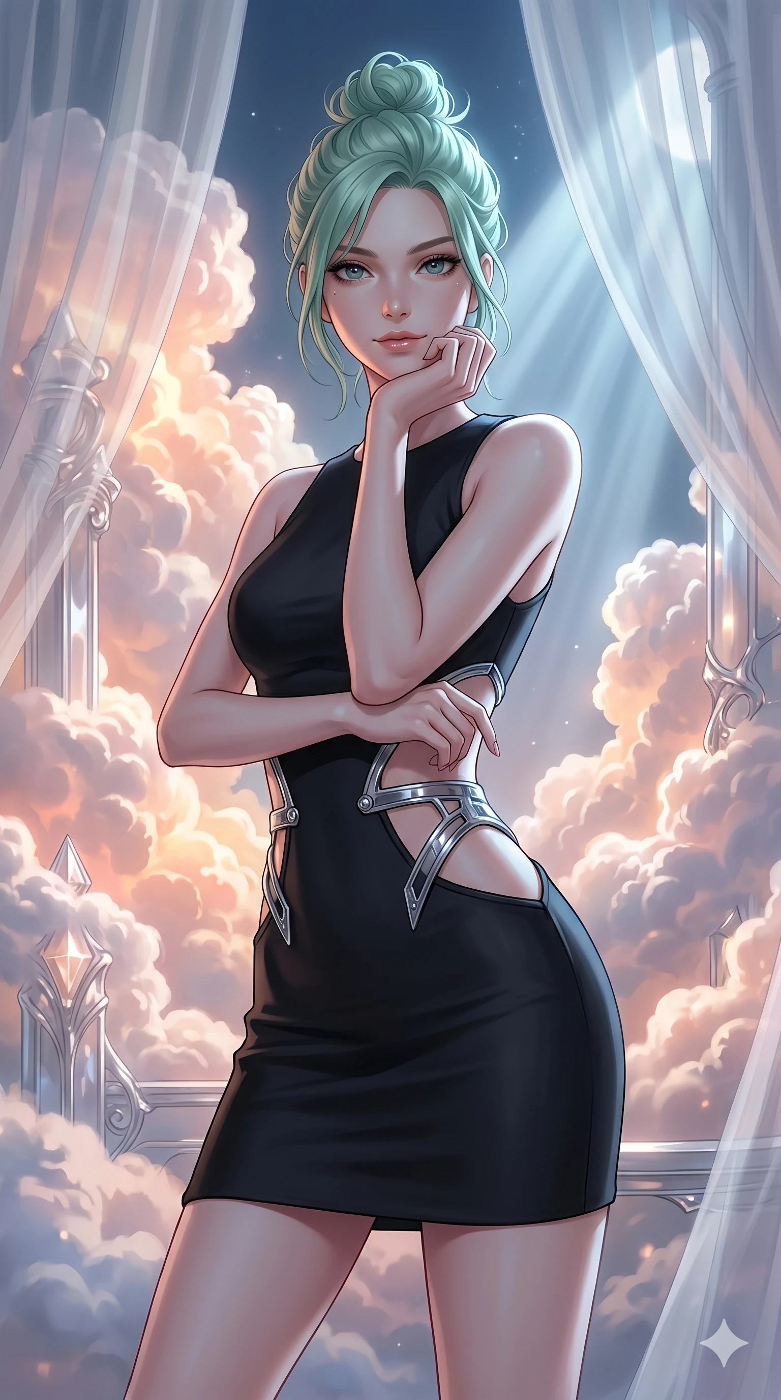 score_9, masterpiece, best quality, ultra-detailed, high-budget anime keyframe, editorial fashion photography, tasteful artistic composition, Japanese woman. cowboy shot from the thighs up, character and outfit filling the frame for maximum editorial presence. Resting her chin on the backs of her fingers in a confident pose inside a luminous cloud palace where cumulus formations glow with amber and rose from within. She has an absolutely perfect 8-heads proportion, an exceptionally tall and slender female figure with impossibly long slender legs and an ultra-slim waist. V-shaped jawline, high-bridge nose, intricate jewel-like eyes with depth, thick eyelashes, glossy lips with a natural sheen. wearing a structured matte black mini dress with bold geometric cutouts revealing glimpses of the waist and side torso, framed by chrome architectural hardware against a precision-fitted base. bathed in cold silver moonlight filtered through translucent gossamer curtains casting soft shadows on her curves. 2k, ultra detail, master piece, 9:16 ratio