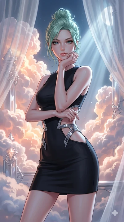 score_9, masterpiece, best quality, ultra-detailed, high-budget anime keyframe, editorial fashion photography, tasteful artistic composition, Japanese woman. cowboy shot from the thighs up, character and outfit filling the frame for maximum editorial