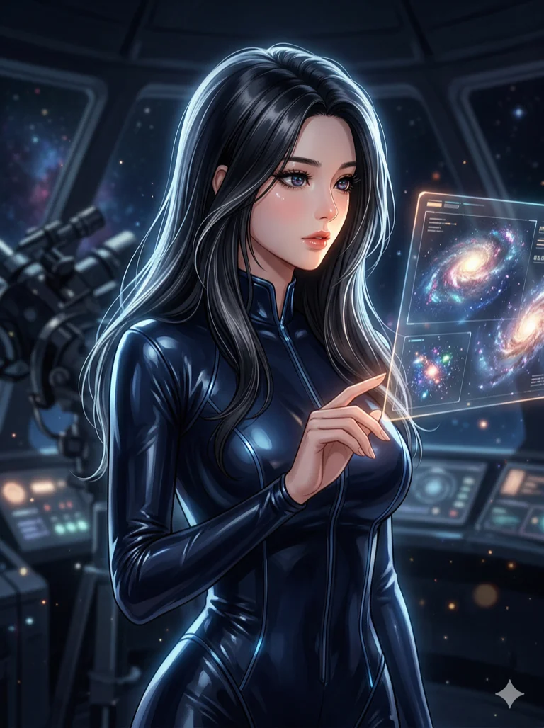 score_9, masterpiece, best quality, ultra-detailed, highend animation keyframe, an incredibly beautiful Korean woman. Medium shot of upper body filling the frame. She is a star-gazer in a high-tech observatory, her eyes reflecting the swirling galaxies on the screen. She has an absolutely perfect 8-heads proportion, an exceptionally tall female figure with a voluptuous body. Her face is a highly detailed masterpiece featuring a v-shaped jawline, high-bridge nose, intricate jewel-like eyes, thick eyelashes, and glossy lips. She has raven black flowing hair with silver highlights. She is wearing a form-fitting glossy latex bodysuit, highlighting her alluring silhouette. Holographic galaxy displays and soft shadows, dramatic rim lighting, radiant glowing skin, cinematic dynamic light, 2k, ultra detail, master piece, 3:4 ratio