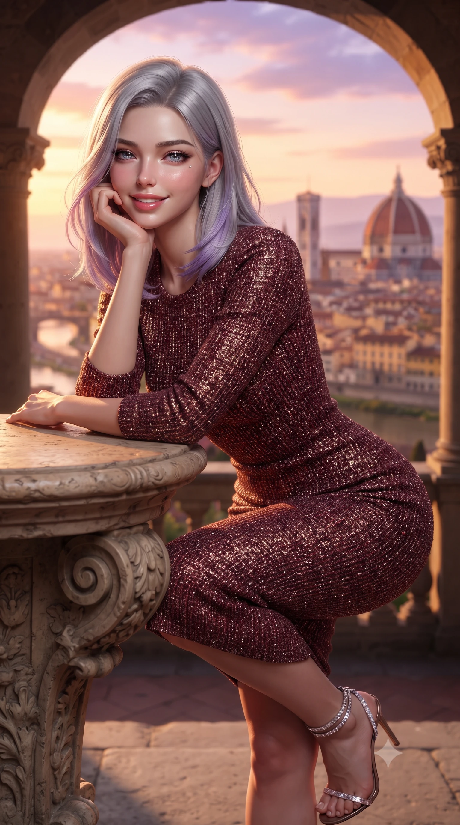 score_9, masterpiece, best quality, ultra-detailed, high-budget anime keyframe, editorial fashion photography, tasteful artistic composition, Caucasian woman. close-up cowboy shot from the waist and thighs up, the character dominates the composition, filling the frame with her large presence. resting one elbow on the table and supporting her chin, leaning close to the camera with heavy-lidded sparkling eyes and parted lips while standing poised beneath Renaissance pietra serena stone arches on the high Fiesole hill, arching her spine with sovereign supermodel posture as Brunelleschi's Duomo glows in Tuscan sunset. The background shows a soft-focus terracotta dome of Florence Duomo, Giotto's Campanile, and winding Arno river under violet and orange sunset skies blurred into coral, lavender, and terracotta bokeh. She has an exceptionally elegant, slender, and willowy female figure with an ultra-slim waist, flat toned midriff, narrow ribcage, and sculpted feminine hips creating an alluring, slim hourglass silhouette without bulk. sharp v-shaped jawline, high-bridge nose, intricate jewel-like sparkling eyes with depth, thick eyelashes, glossy parted lips with a natural peach sheen, bright cheerful beaming smile with an enchanting and coquettish sensual glint, exuding both youthful cute charm and seductive allure, flawlessly proportioned anatomical accuracy, strict slender model proportions, natural body alignment, perfectly sculpted long slender limbs, ultra-slim waistline, clean dynamic posture without body distortion. wearing a body-contouring metallic lurex knit column dress casting radiant starlight shimmer across her flat midriff and curves in Franschhoek vineyard pinotage burgundy and oak honey, woven from structured British tweed with subtle metallic flecks, complemented by strappy stiletto sandals with crystal ankle wraps accentuating her slender calves, the form-contouring silhouette accentuating her sculpted flat midriff, narrow delicate ribcage, and gracefully curvy hips with intoxicating allure. illuminated by terracotta floor warm bounce and sharp honey-and-amber dual rim lights sculpting her features, flat midriff, and slender waist. ultra-reflective glossy finish, specular highlights, rich textural contrasts, high-contrast stereoscopic depth, volumetric dynamic lighting, 2k, ultra detail, master piece, 9:16 ratio