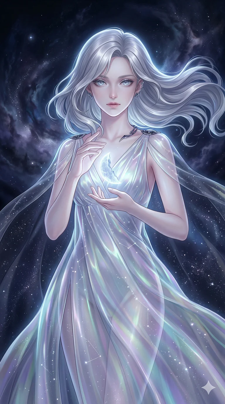 score_9, masterpiece, best quality, ultra-detailed, semi-realistic high-budget anime keyframe, an incredibly beautiful ethereal Caucasian woman with flawless pale skin (strictly human ears). Medium shot of upper body filling the frame with a majestic aura. She is the goddess of the shattered moon, holding a glowing lunar fragment while floating in the void. She has an absolutely perfect 8-heads proportion, a towering and slender female figure with a delicate skinny aesthetic. Her face is a highly detailed masterpiece with silver flowing hair and crystalline eyes. She is wearing a translucent plastic-like iridescent gown that reveals her alluring silhouette, draped in starlight. Swirling galactic stardust, dramatic rim lighting, subsurface scattering on her skin, 2k, ultra detail, master piece, 9:16 ratio