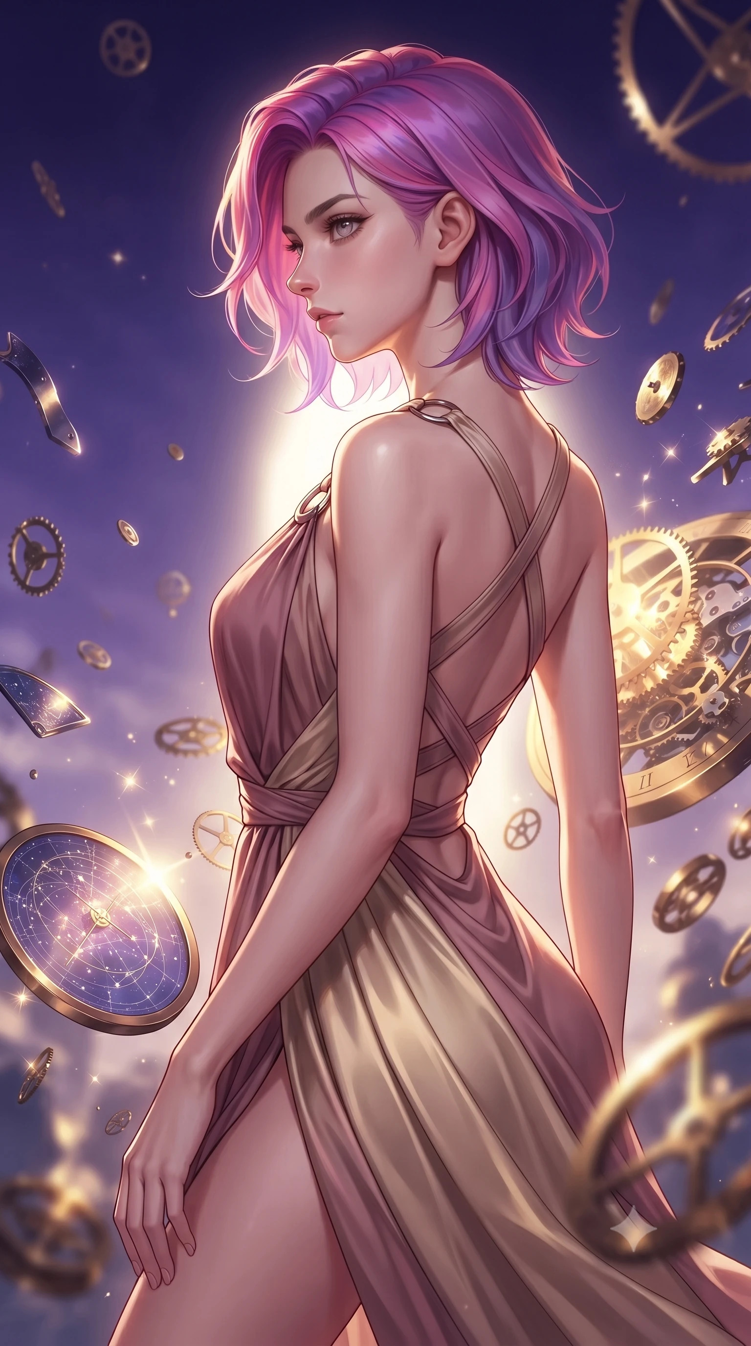 score_9, masterpiece, best quality, ultra-detailed, high-budget anime keyframe, editorial fashion photography, tasteful artistic composition, Caucasian woman. close-up cowboy shot from the waist and thighs up, the character dominates the composition, filling the frame with her large presence, background elements kept in soft focus. Turning her face in sharp dramatic profile against the bright light, showcasing her sharp v-shaped jawline navigating a blizzard of floating analog gear parts and glowing star maps, floating brass gears and clocksprings casting intricate metallic reflections. She has an exceptionally elegant, slender, and willowy female figure with an ultra-slim waist, a gracefully sculpted slender torso, and a refined silhouette. sharp v-shaped jawline, high-bridge nose, intricate jewel-like eyes with depth, thick eyelashes, glossy lips with a natural sheen. wearing an asymmetrical Grecian draped chiffon gown with a metallic shoulder ring in dusty rose and champagne gold, crafted from smooth liquid silk, complemented by criss-cross back straps highlighting her bare shoulders, the elegant draped fit framing her graceful clavicle and slender torso. lit by a contrast of deep violet sky and radiant golden mechanical light. highly saturated vibrant anime colors, detailed shading with soft gradients, rich glossy textures, high-contrast stereoscopic depth, volumetric dynamic lighting, master piece, 9:16 ratio
