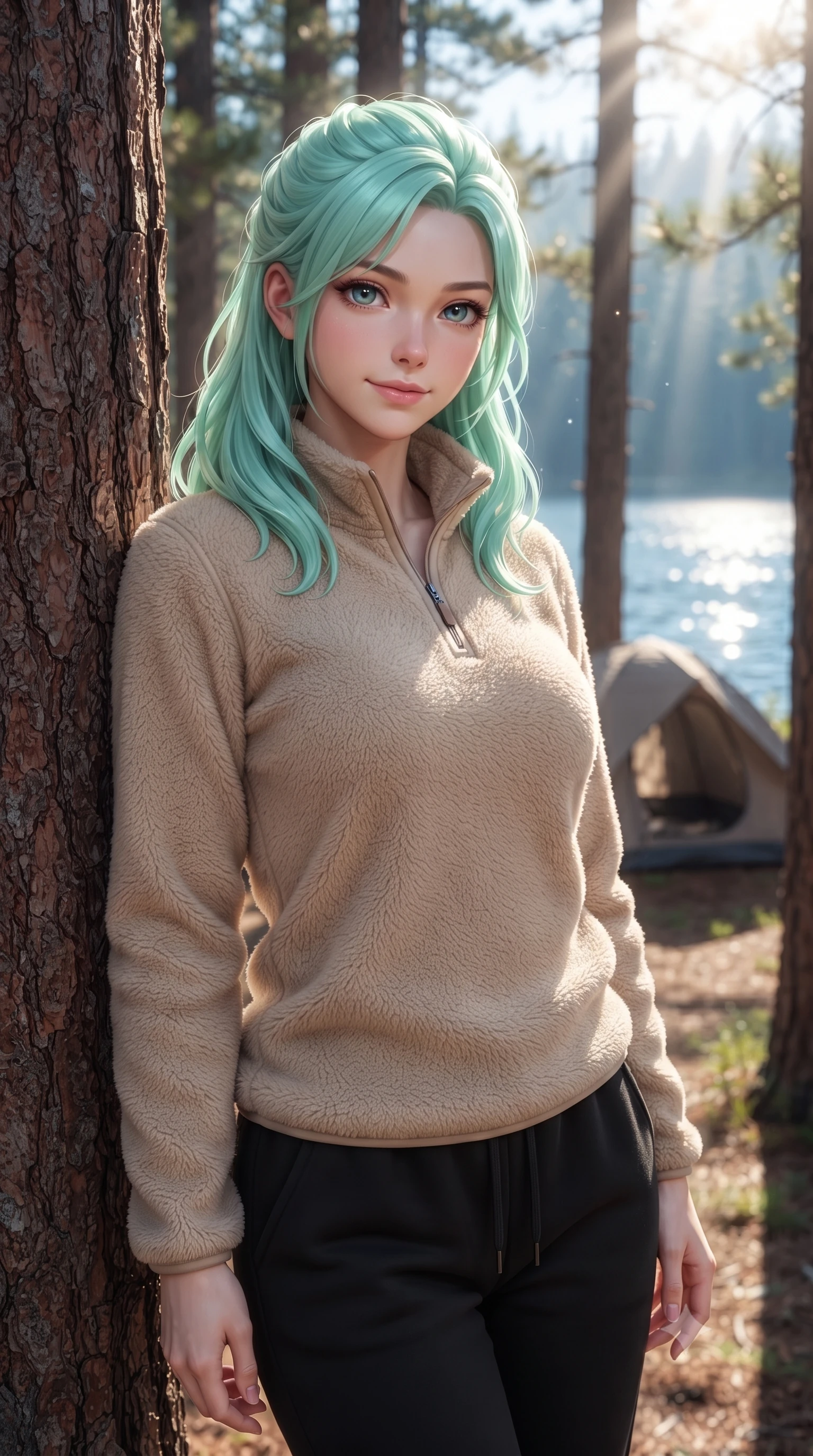 score_9, masterpiece, best quality, ultra-detailed, high-budget anime keyframe, editorial fashion photography, tasteful artistic composition, Japanese woman woman. close-up cowboy shot from the waist and thighs up, the character dominates the composition, filling the frame with her large presence, background elements kept in soft focus. standing relaxed against a tree trunk, sharing a quiet, serene moment with the viewer the background shows a soft-focus a camping site with a small tent under pine trees beside a quiet blue lake. She has an exceptionally elegant, slender, and willowy female figure with an ultra-slim waist, a gracefully sculpted slender torso, and a refined silhouette. sharp v-shaped jawline, high-bridge nose, intricate jewel-like eyes with depth, thick eyelashes, glossy lips with a natural sheen. wearing a body-hugging cozy beige fleece pullover paired with black cotton joggers. bright morning sunbeams reflecting off the lake surface onto the tent. ultra-reflective glossy finish, specular highlights, metallic sheen, high-contrast stereoscopic depth, volumetric dynamic lighting, 2k, ultra detail, master piece, 9:16 ratio