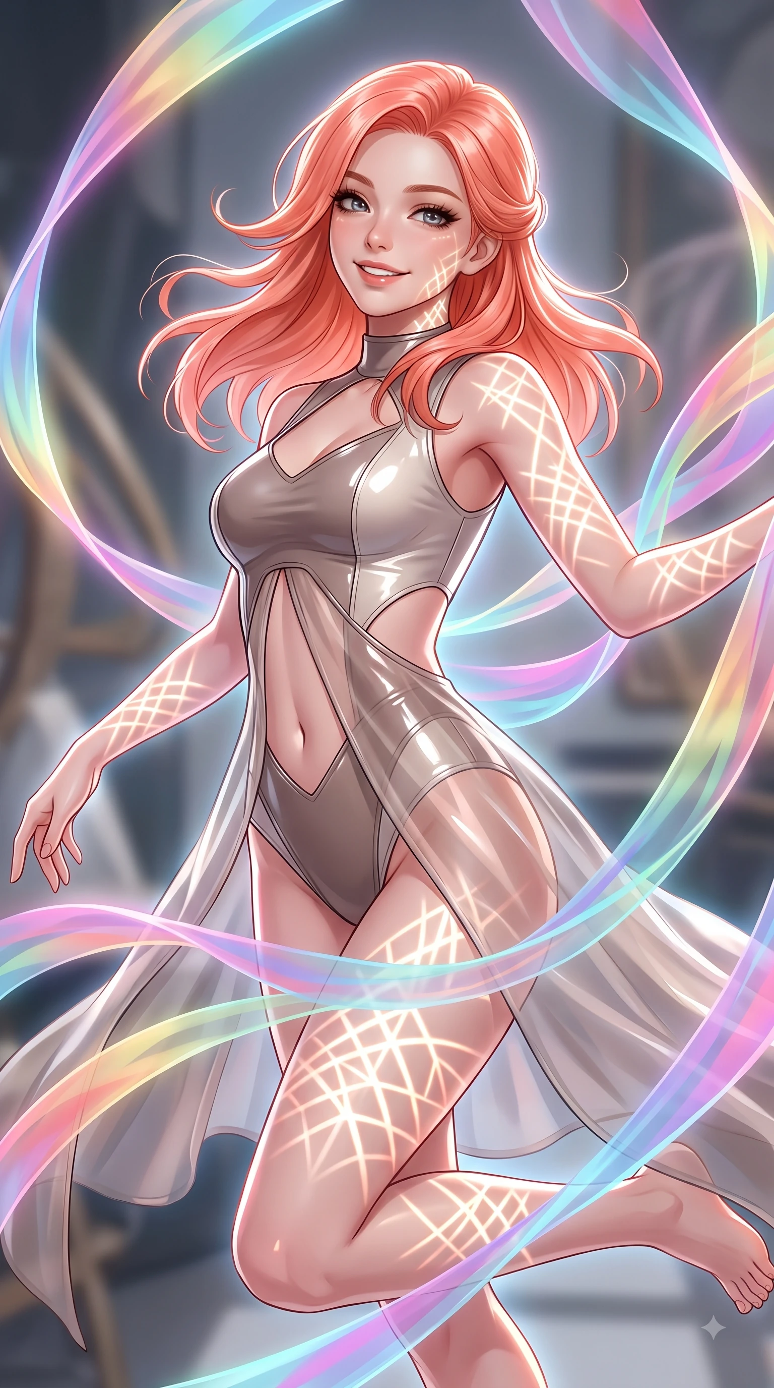 score_9, masterpiece, best quality, ultra-detailed, high-budget anime keyframe, editorial fashion photography, tasteful artistic composition, Japanese woman. close-up cowboy shot from the waist and thighs up, the character dominates the composition, filling the frame with her large presence, background elements kept in soft focus. Warm delightful smile while casting a playful, joyful side-gaze with heavy lashes and a glowing expression while spinning in mid-air as translucent rainbow silk ribbons swirl around her with joyful grace, intricate geometric lattice patterns of bright light projected onto her skin. She has an exceptionally elegant, slender, and willowy female figure with an ultra-slim waist, a gracefully sculpted slender torso, and a refined silhouette. sharp v-shaped jawline, high-bridge nose, intricate jewel-like eyes with depth, thick eyelashes, glossy lips with a natural sheen, flawlessly proportioned anatomical accuracy, natural body alignment, perfectly sculpted elegant limbs, clean dynamic posture without body distortion. wearing a semi-opaque sheer overlay dress over a leather micro-bodysuit in muted taupe and soft ivory, tailored from high-gloss patent leather, featuring subtle geometric cutouts that highlight her ultra-slim midriff, the tailored fabric tightly following every curve of her athletic build. surrounded by a vibrant fluorescent aura with bright specular rim lights. ultra-reflective glossy finish, specular highlights, metallic sheen, high-contrast stereoscopic depth, volumetric dynamic lighting, 2k, ultra detail, master piece, 9:16 ratio