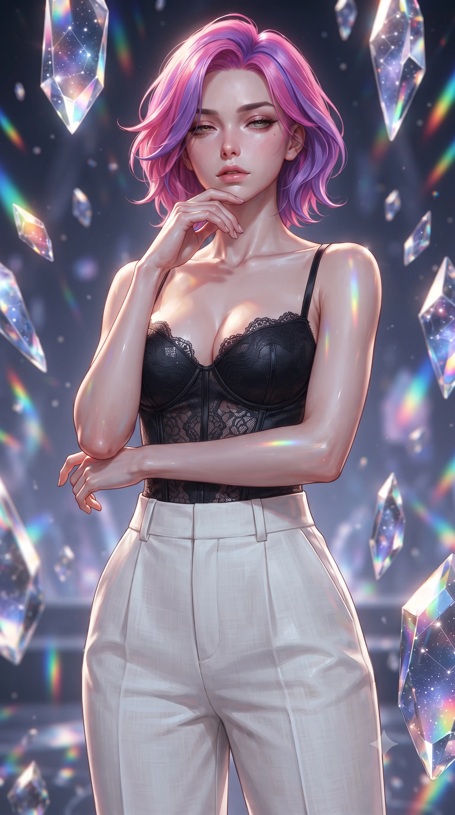 score_9, masterpiece, best quality, ultra-detailed, high-budget anime keyframe, editorial fashion photography, tasteful artistic composition, Caucasian woman. close-up cowboy shot from the waist and thighs up, the character dominates the composition, filling the frame with her large presence, background elements kept in soft focus. resting her chin on the backs of her fingers, casting a heavy-lidded, sultry look past the camera the background shows a soft-focus a cosmic crystal hall with floating gemstone shards reflecting galaxy constellations. She has an exceptionally elegant, slender, and willowy female figure with an ultra-slim waist, a gracefully sculpted slender torso, and a refined silhouette. sharp v-shaped jawline, high-bridge nose, intricate jewel-like eyes with depth, thick eyelashes, glossy lips with a natural sheen. wearing a form-contouring delicate lace corset top in black silk, paired with high-waisted white linen trousers. prismatic rainbow light refracting through floating crystals. ultra-reflective glossy finish, specular highlights, metallic sheen, high-contrast stereoscopic depth, volumetric dynamic lighting, 2k, ultra detail, master piece, 9:16 ratio