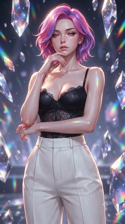 score_9, masterpiece, best quality, ultra-detailed, high-budget anime keyframe, editorial fashion photography, tasteful artistic composition, Caucasian woman. close-up cowboy shot from the waist and thighs up, the character dominates the composition,