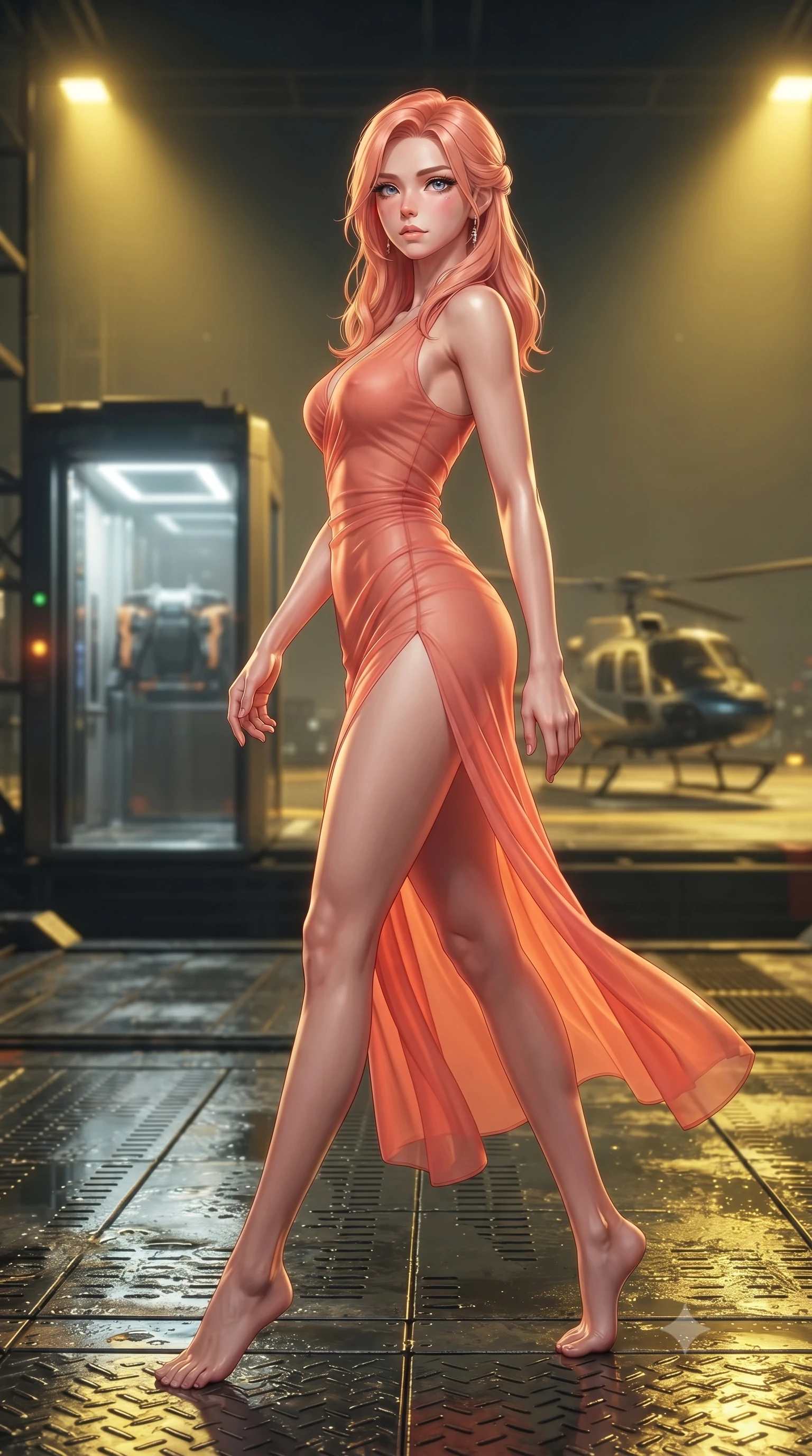 score_9, masterpiece, best quality, ultra-detailed, high-budget anime keyframe, editorial fashion photography, tasteful artistic composition, Japanese woman. low angle full-body shot from head to toe showing her feet, filling the entire 9:16 vertical frame with her statuesque presence, stretching her vertical silhouette. stepping gracefully while looking back over her shoulder, her dress draped tightly to reveal her silhouette the background shows a soft-focus a futuristic vehicle elevator transporting a helicopter to a rooftop runway. She has an absolutely perfect, statuesque 8.5-heads proportion, an exceptionally tall and slender model-like female figure with impossibly long slender legs and an ultra-slim waist. sharp v-shaped jawline, high-bridge nose, intricate jewel-like eyes with depth, thick eyelashes, glossy lips with a natural sheen. wearing a body-hugging high-slit sheer chiffon resort dress in soft coral, revealing the contours of her athletic build through the fabric. harsh sodium yellow spotlights casting long dramatic industrial shadows. ultra-reflective glossy finish, specular highlights, metallic sheen, high-contrast stereoscopic depth, volumetric dynamic lighting, 2k, ultra detail, master piece, 9:16 ratio