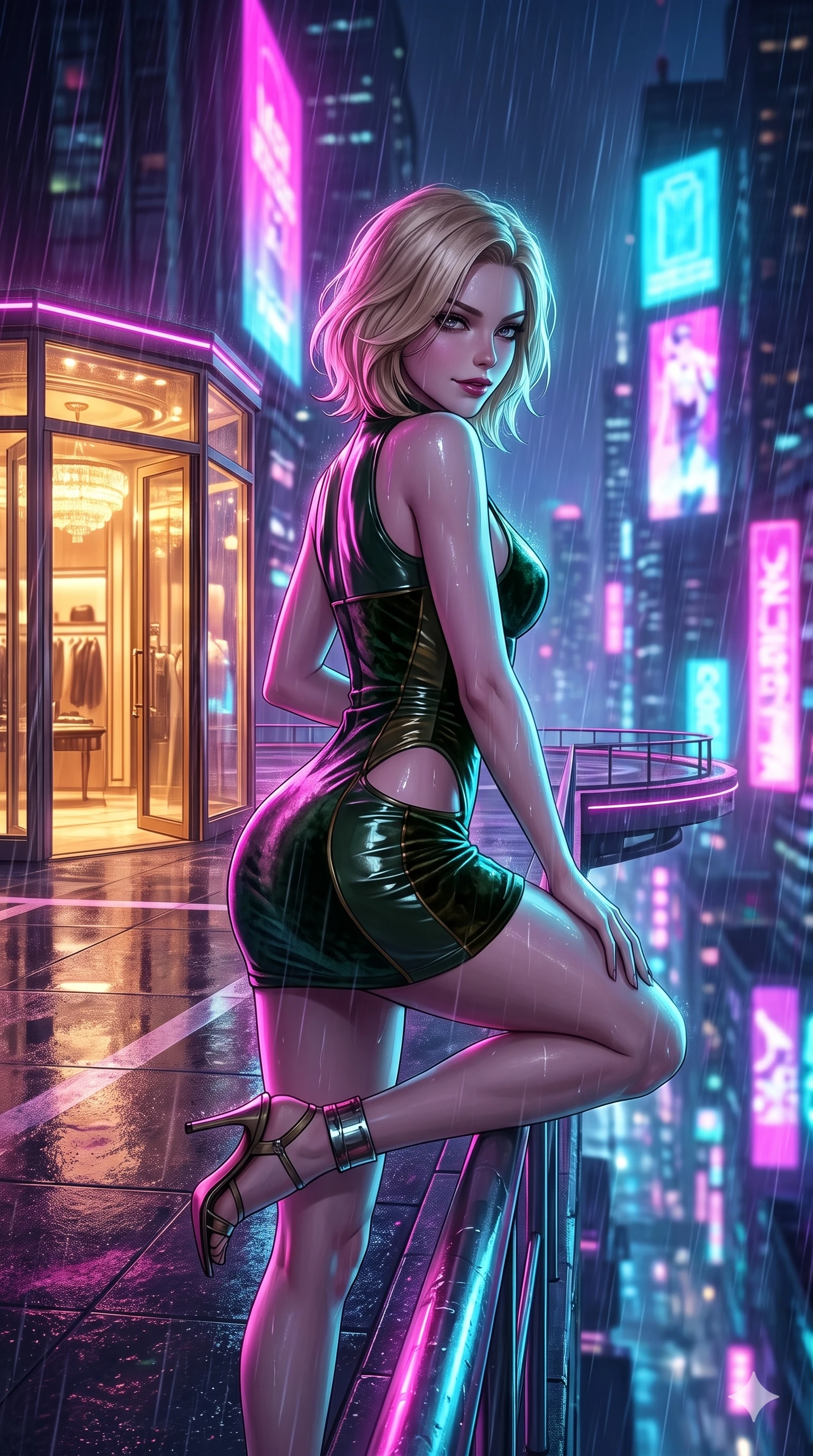 score_9, masterpiece, best quality, ultra-detailed, high-budget anime keyframe, semi-realistic 3D game render, editorial fashion photography, tasteful artistic composition, Caucasian woman. close-up cowboy shot from the waist and thighs up, the character dominates the composition, filling the frame with her large presence. pausing beside an illuminated luxury boutique window with hips cocked back, glancing back with an enchanting, dangerous smile through falling rain while perched on the helipad perimeter railing with one knee drawn up, looking down at the cyberpunk city abyss with fearless bedroom-eyes. The background shows a soft-focus towering Shinjuku skyscraper canyons, holographic neon billboards, and endless rain haze blurred into electric magenta, cyan, and deep purple bokeh. She has an exceptionally elegant, slender, and willowy female figure with an ultra-slim waist, flat toned midriff, narrow ribcage, and sculpted feminine hips creating an alluring, slim hourglass silhouette without bulk. sharp v-shaped jawline, high-bridge nose, intricate jewel-like dark sparkling eyes with dangerous depth, thick curled eyelashes, glossy parted lips with a rich wine sheen, smoldering seductive half-smile with bedroom-eyes, exuding effortless superiority and intoxicating dark allure, flawlessly proportioned anatomical accuracy, strict slender model proportions, natural body alignment, perfectly sculpted long slender limbs, ultra-slim waistline, clean dynamic posture without body distortion. wearing a liquid-look wet vinyl micro-mini dress clinging like a second skin with hip-high side cutouts in deep velvet forest green and antique brass, tailored from crushed dark velvet with deep light-absorbing plush texture, complemented by strappy stiletto heels with metallic ankle cuffs accentuating her slender calves, the form-fitting cut adhering flawlessly to her sculpted flat midriff and slender torso, emphasizing her long leg lines and perfectly proportioned willowy build. bathed in intense saturated magenta and electric cyan neon floodlights cutting through falling rain. highly saturated vibrant anime colors, detailed shading with soft gradients, rich glossy textures, high-contrast stereoscopic depth, volumetric dynamic lighting, master piece, 9:16 ratio