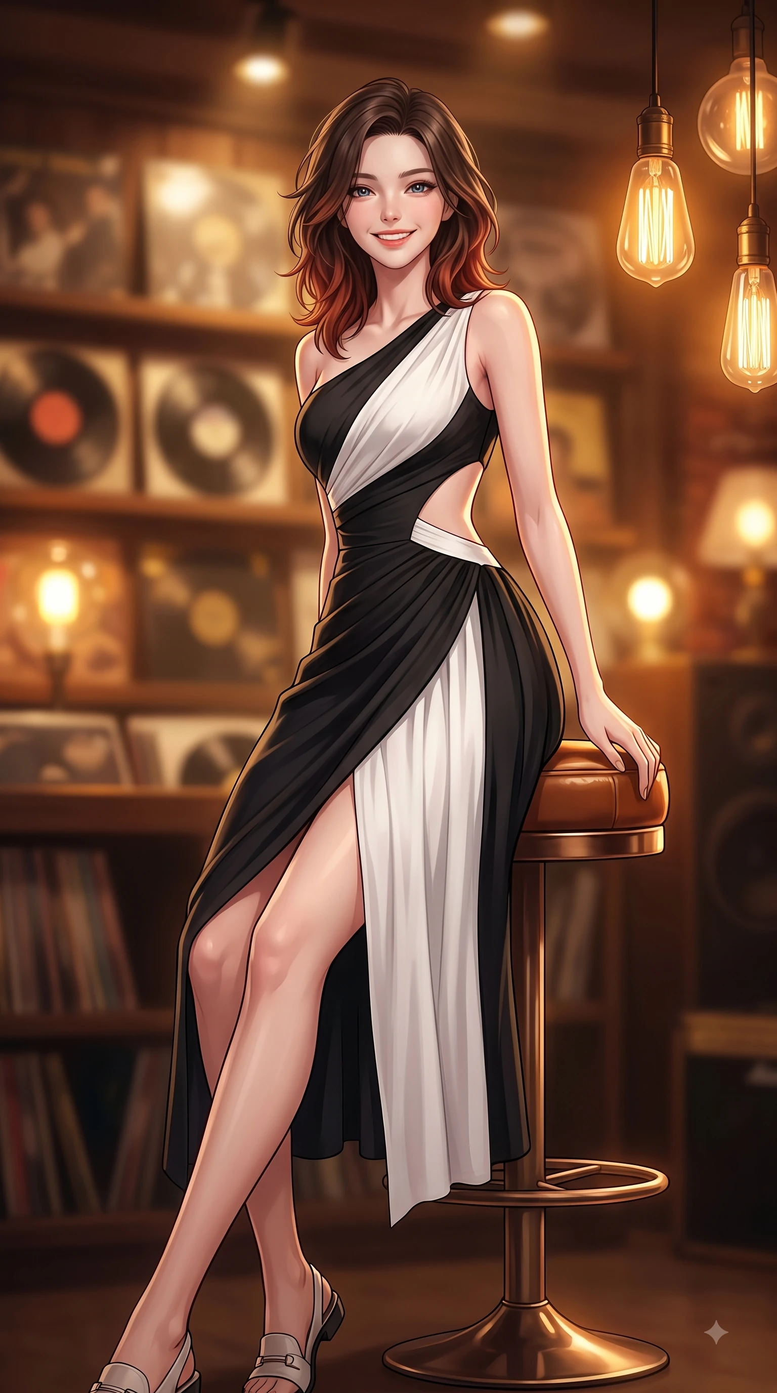 score_9, masterpiece, best quality, ultra-detailed, high-budget anime keyframe, editorial fashion photography, tasteful artistic composition, Korean woman. low angle full-body shot from head to toe showing her feet, filling the entire 9:16 vertical frame with her statuesque presence, stretching her vertical silhouette. pivoting dynamically with a fresh infectious smile, her ultra-slim waist creating a sweeping fluid curve while resting on a leather stool under warm amber lamps with a cozy, happy expression. The composition keeps background elements in soft focus with dreamy bokeh. shelves of vintage vinyl records and warm amber Edison lamps blurred into cozy golden bokeh. She has an absolutely perfect, statuesque 8.5-heads proportion, an exceptionally tall and slender model-like female figure with impossibly long slender legs and an ultra-slim waist. sharp v-shaped jawline, high-bridge nose, intricate jewel-like eyes with depth, thick eyelashes, glossy lips with a natural sheen, flawlessly proportioned anatomical accuracy, natural body alignment, perfectly sculpted elegant limbs, clean dynamic posture without body distortion. wearing an asymmetrical draped chiffon midi dress with a sleek shoulder accent in sleek jet black and pure white contrast, tailored from fine wool crepe with clean lines, complemented by clean architectural cutouts along her slender torso, the form-contouring material highlighting her ultra-slim waist and long lines. surrounded by a nostalgic, warm, and intimate retro music atmosphere. highly saturated vibrant anime colors, detailed shading with soft gradients, rich glossy textures, high-contrast stereoscopic depth, volumetric dynamic lighting, master piece, 9:16 ratio