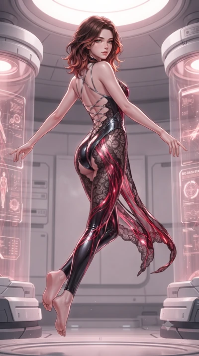 score_9, masterpiece, best quality, ultra-detailed, high-budget anime keyframe, editorial fashion photography, tasteful artistic composition, Korean woman. low angle full-body shot from head to toe showing her feet, filling the entire 9:16 vertical f