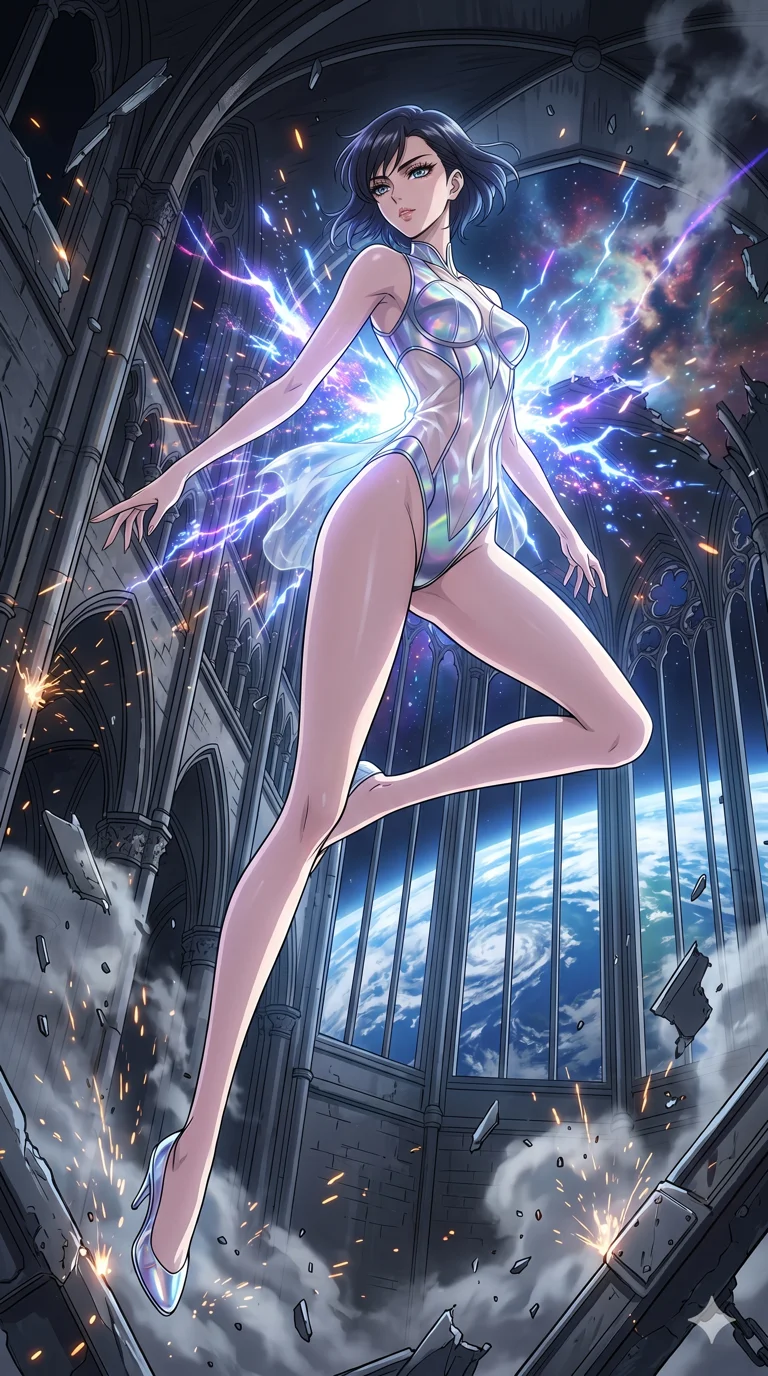 score_9, masterpiece, best quality, ultra-detailed, High-budget Anime Keyframe, vibrant colors, fluid line-art, expressive lighting, cinematic composition, Ufotable-style visual effects, top-tier animation quality, Japanese woman with delicate and elegant anime-inspired features. Dynamic full-body shot stretching the vertical silhouette, capturing her from a powerful low-angle perspective. Escaping a crumbling orbital space station amidst falling debris and venting atmosphere, the earth visible as a beautiful blue marble below. She has an absolutely perfect 8-heads proportion, an exceptionally tall and slender female figure with impossibly long slender legs and an ultra-slim waist, her statuesque height and towering silhouette dominating the vertical 9:16 frame. Her face is a masterpiece featuring a sharp v-shaped jawline, high-bridge nose, intricate jewel-like eyes with depth, thick eyelashes, and glossy lips with a natural sheen. She is wearing a High-cut leotard with metallic plating and translucent PVC panels on the sides crafted from Sheer silk that is almost transparent, flowing like water around her statuesque frame, featuring a crystalline structure that catches the light and reveals her slender frame. The scene is set in a majestic gothic cathedral in deep space with massive windows overlooking a swirling nebula, illuminated by intense energy flares from her powers illuminating the scene with brilliant light. 2k, ultra detail, master piece, 9:16 ratio