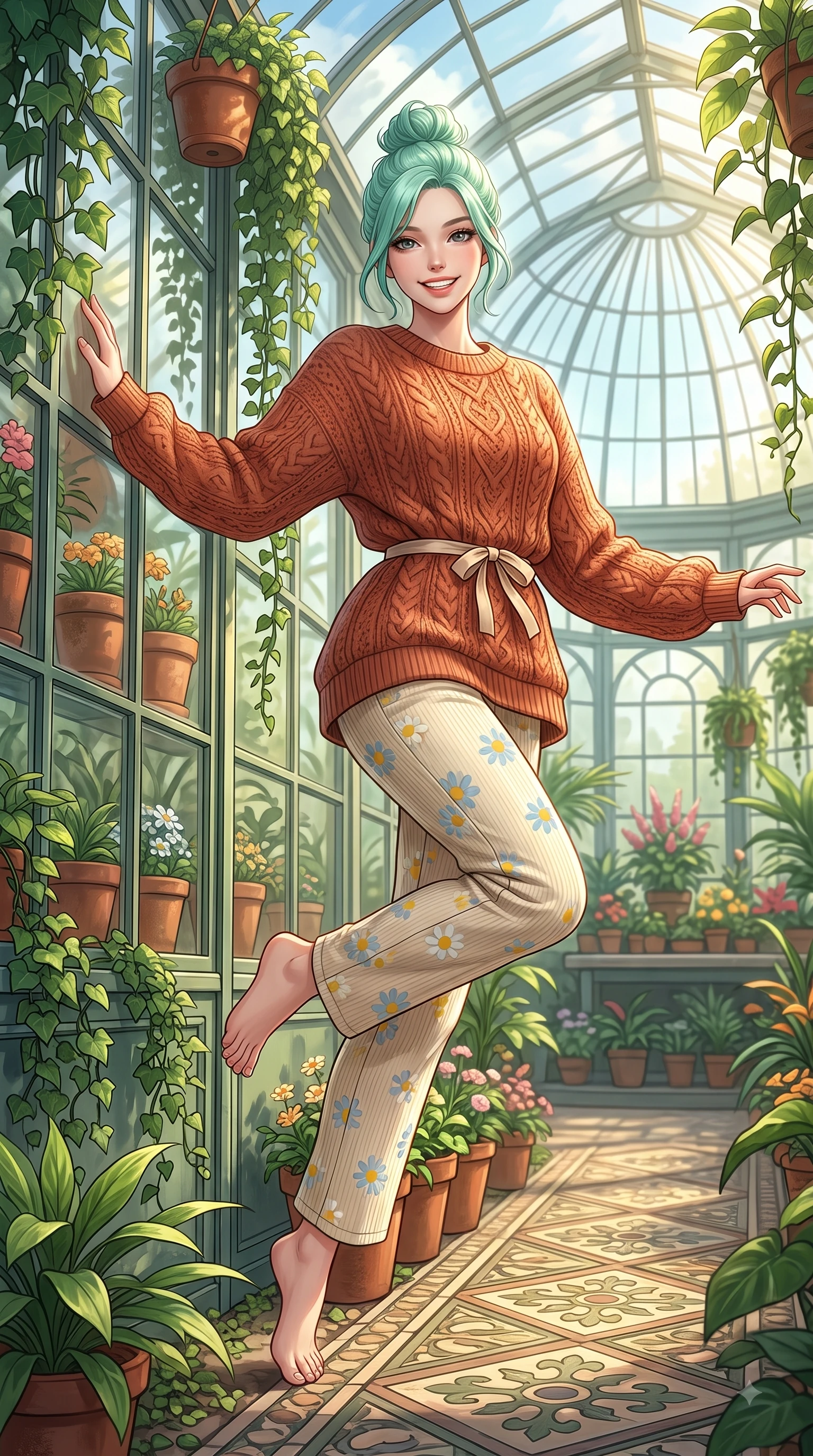 score_9, masterpiece, best quality, ultra-detailed, high-budget anime keyframe, editorial fashion photography, tasteful artistic composition, Japanese woman. low angle full-body shot from head to toe showing her feet, filling the entire 9:16 vertical frame with her statuesque presence, stretching her vertical silhouette. leaping with pure youthful energy through the scene with a radiant bright smile, her long slender legs balanced gracefully while leaning against a glass greenhouse wall surrounded by hanging terracotta flower pots and ivy. The surrounding environment is rendered in vivid detail and crisp panoramic clarity. intricate glasshouse dome architecture, cascading tropical vines, and vibrant botanical garden displays in deep focus. She has an absolutely perfect, statuesque 8.5-heads proportion, an exceptionally tall and slender model-like female figure with impossibly long slender legs and an ultra-slim waist. sharp v-shaped jawline, high-bridge nose, intricate jewel-like eyes with depth, thick eyelashes, glossy lips with a natural sheen, flawlessly proportioned anatomical accuracy, natural body alignment, perfectly sculpted elegant limbs, clean dynamic posture without body distortion. wearing an oversized terracotta knit jumper over soft cream corduroy pants in sunny daffodil yellow and clear sky blue, knitted from soft cozy cashmere yarn, accented with a dainty waist ribbon bow, the tailored casual silhouette highlighting her fresh and youthful presence. bathed in bright golden sunlight filtering through conservatory glass panes. highly saturated vibrant anime colors, detailed shading with soft gradients, rich glossy textures, high-contrast stereoscopic depth, volumetric dynamic lighting, master piece, 9:16 ratio