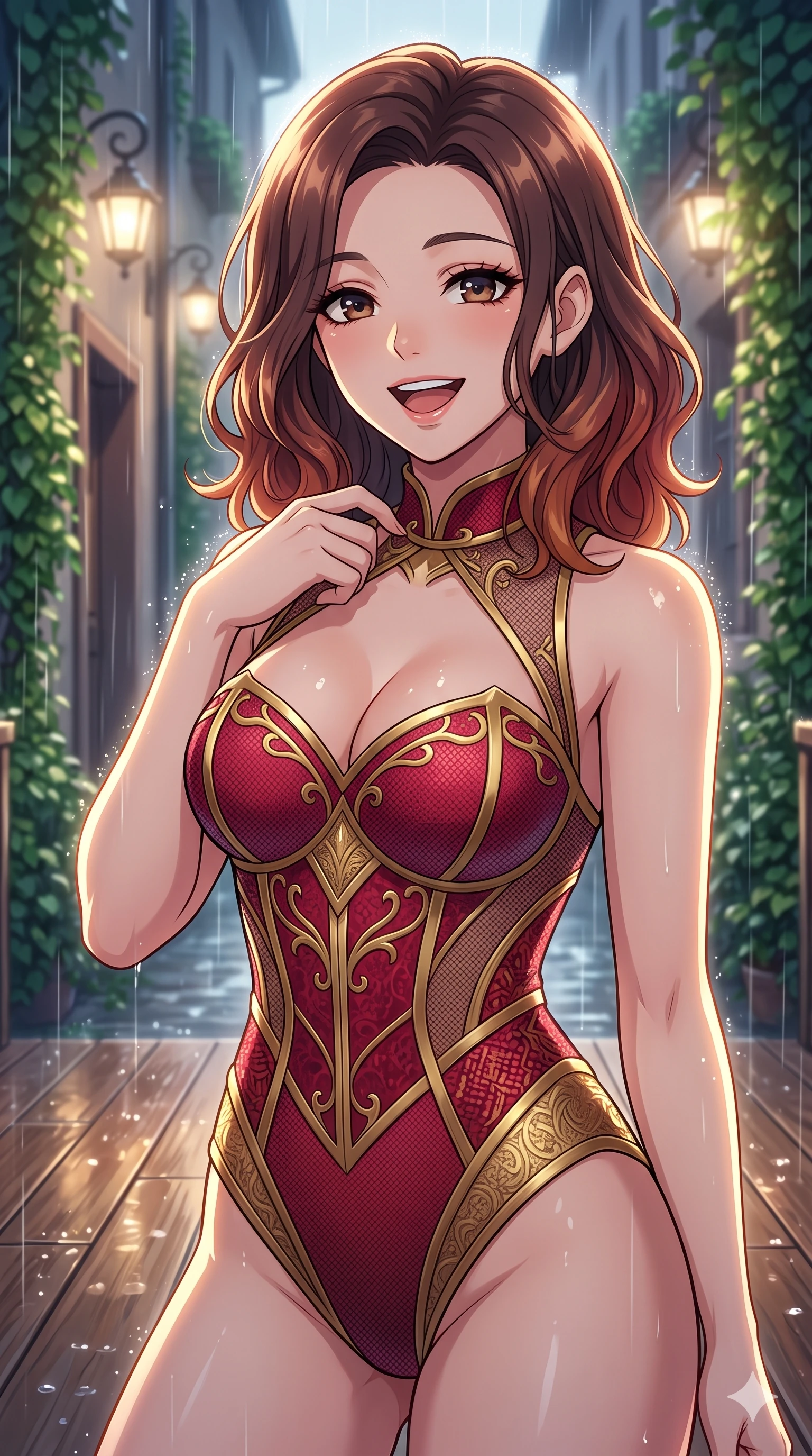 score_9, masterpiece, best quality, ultra-detailed, high-budget anime keyframe, vibrant anime aesthetic, Korean woman. close-up cowboy shot from the waist and thighs up, the character dominates the composition, filling the frame with her large presence, background elements kept in soft focus. She is laughing cheerfully while adjusting her collar in the soft drizzle, with a warm and inviting look with a relaxed and elegant posture. the background shows a soft-focus quiet alleyway entrance lined with lush green climbing vines and glowing streetlamps in the twilight rain (Code-P22-139). She has an absolutely perfect proportion, an exceptionally elegant and slender female figure with an ultra-slim waist. V-shaped jawline, high-bridge nose, intricate jewel-like eyes with depth, thick eyelashes, glossy lips with a natural sheen. wearing a delicate mesh-textured bodysuit featuring a structured textured bodice with a sweetheart neckline in ruby red and gold accents. She is lit by sparkling rain droplets reflecting the morning sun, creating a glowing halo, tracing the elegant lines of her shoulders on the outdoor wooden terrace. 2k, ultra detail, master piece, 9:16 ratio