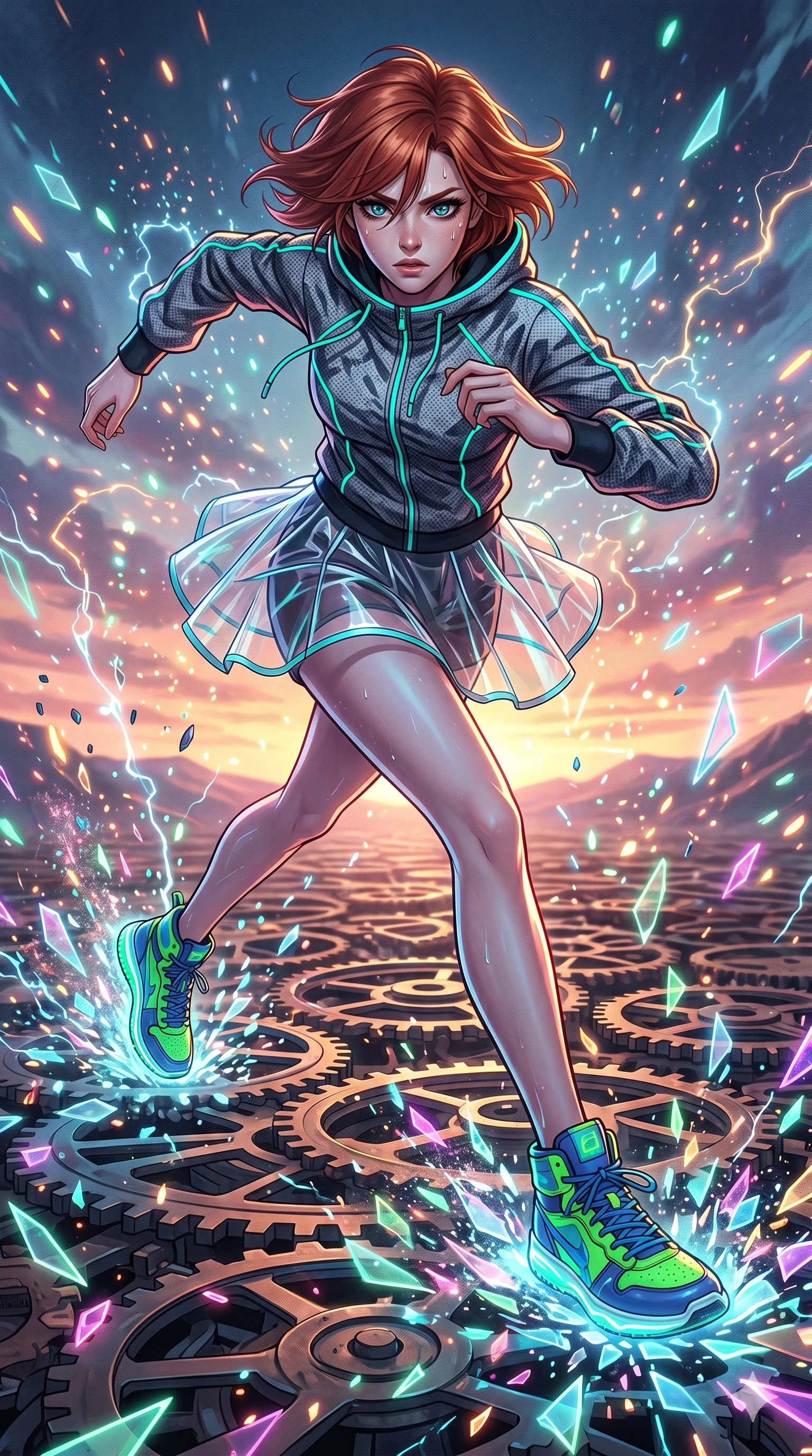 score_9, masterpiece, best quality, ultra-detailed, Set A: High-budget Anime Keyframe, Caucasian (strictly human ears) woman. Low angle cowboy shot filling the entire 9:16 frame with her statuesque presence. Sprinting through a clockwork desert, as the ground beneath her turns into 241 shards of light and surrounded by glowing energy sparks. She has an absolutely perfect 8-heads proportion, an exceptionally tall and slender female figure with impossibly long slender legs and an ultra-slim waist. Sharp v-shaped jawline, high-bridge nose, intricate jewel-like eyes with depth, thick eyelashes, glossy lips with a natural sheen. Wearing Streetwear tech-hoodie with a transparent PVC skirt and neon sneakers. Cinematic lighting, vibrant colors, dramatic shadows, 2k, ultra detail, master piece, 9:16 ratio