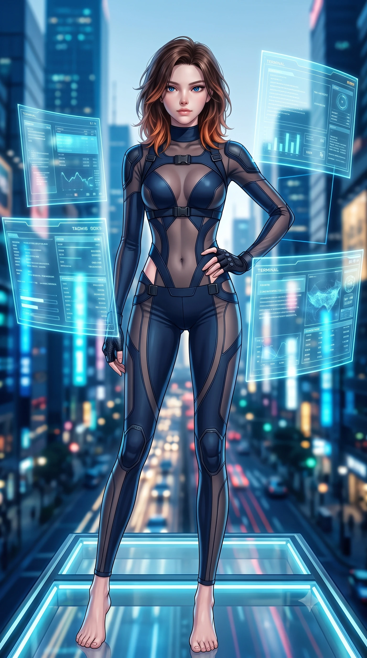 score_9, masterpiece, best quality, ultra-detailed, high-budget anime keyframe, semi-realistic 3D game render, editorial fashion photography, tasteful artistic composition, Korean woman. low angle full-body shot from head to toe showing her feet, filling the entire 9:16 vertical frame with her statuesque presence, stretching her vertical silhouette. standing poised with one hip cocked in an alluring high-fashion pose, her tall 8.5-heads proportions dominating the scene while pivoting gracefully across the floating intelligence bridge as multiple floating holographic terminal screens surround her. The composition keeps background elements in soft focus with creamy bokeh. dizzying vertical cityscape traffic light trails and neon skyscrapers far below blurred into sapphire, cyan, and gold bokeh. She has an absolutely perfect, statuesque 8.5-heads proportion, an exceptionally tall and slender model-like female figure with impossibly long slender legs, a toned flat midriff, and an ultra-slim waist. sharp v-shaped jawline, high-bridge nose, intricate jewel-like eyes with depth, thick eyelashes, glossy lips with a natural sheen, captivating and magnetic expression, flawlessly proportioned anatomical accuracy, strict slender model proportions, natural body alignment, perfectly sculpted long slender limbs, ultra-slim waistline, clean dynamic posture without body distortion. wearing a high-mobility tactical jumpsuit featuring sheer contouring mesh panels and reinforced shoulders in deep midnight blue and brushed gunmetal, made of high-mobility liquid jersey and semi-opaque reinforced mesh, finished with discreet carbon fiber knuckle guards and matte black buckles, the precision-cut daring openings accentuating her delicate midriff, graceful bare collarbones, and ultra-slim feminine waistline. bathed in ambient cyan and ice-blue holographic screen glow combined with midnight city skylight. highly saturated vibrant anime colors, detailed shading with soft gradients, rich glossy textures, high-contrast stereoscopic depth, volumetric dynamic lighting, master piece, 9:16 ratio