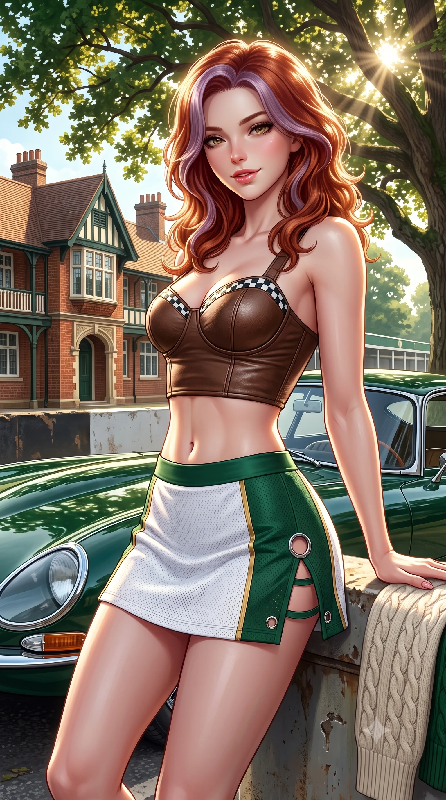 score_9, masterpiece, best quality, ultra-detailed, high-budget anime keyframe, semi-realistic 3D game render, editorial fashion photography, tasteful artistic composition, Caucasian woman. close-up cowboy shot from the waist and thighs up, the character dominates the composition, filling the frame with her large presence. leaning back against the pit wall with relaxed seductive grace, her flat midriff and narrow waist highlighted as sunlight traces her curves while leaning against the bonnet of a vintage British Racing Green Jaguar E-Type parked beside the clubhouse with hips cocked back, casting an alluring smile. The surrounding environment is rendered in vivid detail and crisp panoramic clarity: detailed white cable-knit texture, sunburst highlights on hair, and Wimbledon heritage architecture in razor-sharp precision. She has an exceptionally elegant, slender, and willowy female figure with an ultra-slim waist, flat toned midriff, narrow ribcage, and sculpted feminine hips creating an alluring, slim hourglass silhouette without bulk. sharp v-shaped jawline, high-bridge nose, sparkling eyes with athletic focus and depth, thick curled eyelashes, glossy parted lips with a natural coral-peach sheen, bright confident and coquettish smile with alluring bedroom-eyes, exuding both youthful sporty vigor and sovereign high-society glamour, flawlessly proportioned anatomical accuracy, strict slender model proportions, natural body alignment, perfectly sculpted long slender limbs, ultra-slim waistline, clean dynamic posture without body distortion. wearing a chic leather bustier top with checkered flag trim paired with an ultra-short A-line tennis skirt in crisp Wimbledon white and British racing green with gold accents, woven from semi-opaque performance athletic mesh with hexagonal micro-perforations, finished with sharp laser-cut side ventilation cutouts framed by chrome rings, the glove-like aerodynamic silhouette tightly following the natural contour of her hips and long slender legs with youthful 8.5-heads elegance. bathed in soft warm English afternoon sunlight filtering through stately oak trees. highly saturated vibrant anime colors, detailed shading with soft gradients, rich glossy textures, high-contrast stereoscopic depth, volumetric dynamic lighting, master piece, 9:16 ratio