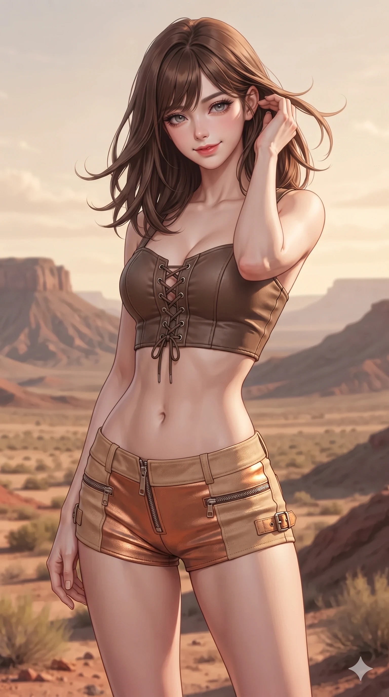 score_9, masterpiece, best quality, ultra-detailed, high-budget anime keyframe, editorial fashion photography, tasteful artistic composition, Korean woman. close-up cowboy shot from the waist and thighs up, the character dominates the composition, filling the frame with her large presence. gently brushing a lock of windblown hair behind her ear while casting a playful, flirtatious side-gaze with long eyelashes while twisting her slender torso in an alluring S-curve, soft iridescent mineral washes in the background complementing her flat midriff and curvy hips. The surrounding environment is rendered in vivid detail and crisp panoramic clarity: detailed high-Mandarin wrap dress tailoring, metallic lamé fabric sheen, and geological grandeur in razor-sharp precision. She has an exceptionally elegant, slender, and willowy female figure with an ultra-slim waist, flat toned midriff, narrow ribcage, and sculpted feminine hips creating an alluring, slim hourglass silhouette without bulk. sharp v-shaped jawline, high-bridge nose, sparkling eyes with hypnotic seductive depth, thick curled eyelashes, glossy parted lips with a natural dewy peach sheen, alluring bedroom-eyes with an enchanting coquettish smile, exuding magnetic siren charisma and sophisticated glamour, flawlessly proportioned anatomical accuracy, strict slender model proportions, natural body alignment, perfectly sculpted long slender limbs, ultra-slim waistline, clean dynamic posture without body distortion. wearing a sculpted matte leather crop bustier with lace-up front paired with tight low-slung moto-shorts in molten metallic copper and radiant desert sand, crafted from supple double-faced desert suede with an exceptionally soft matte finish, finished with sleek heavy-duty brass zip pulls and buckled moto straps, the glove-like clinging cut tightly following the natural contour of her hips and long slender legs with youthful 8.5-heads elegance. bathed in the warm, diffused 3000K afternoon light bringing out the vibrant natural mineral pigments of the volcanic hills. ultra-reflective glossy finish, specular highlights, rich textural contrasts, high-contrast stereoscopic depth, volumetric dynamic lighting, 2k, ultra detail, master piece, 9:16 ratio