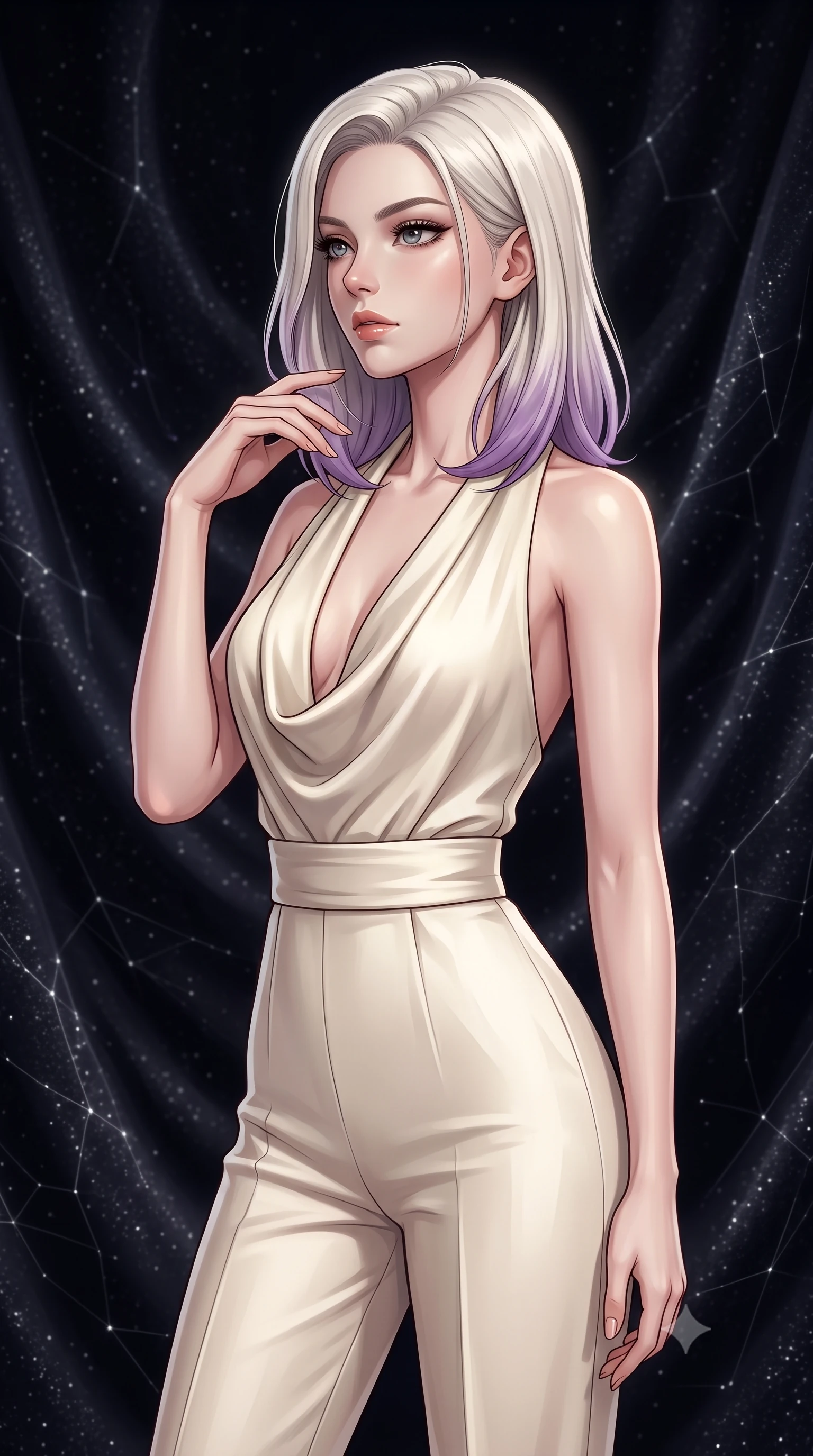 score_9, masterpiece, best quality, ultra-detailed, high-budget anime keyframe, editorial fashion photography, tasteful artistic composition, Caucasian woman, strictly human ears. close-up cowboy shot from the waist and thighs up, the character dominates the composition, filling the frame with her large presence, background elements kept in soft focus. Gazing past the camera with an air of effortless superiority. set against a soft-focus background of a chamber woven entirely from visible dark matter that shimmers like the darkest silk threaded with captured starlight the walls undulating slowly like cosmic fabric breathing in gravitational waves. She has an exceptionally elegant and slender, willowy female figure with an ultra-slim waist, a gracefully sculpted slender torso, and a refined slim physique. sharp v-shaped jawline, high-bridge nose, intricate jewel-like eyes with depth, thick eyelashes, glossy lips with a natural sheen. wearing a tailored jumpsuit in cream silk with a plunging cowl neck and a matching wide belt that emphasizes her ultra-slim waist. subtle starlight threads woven into the dark matter fabric creating a network of fine luminous lines against absolute darkness like a constellation map made textile. 2k, ultra detail, master piece, 9:16 ratio