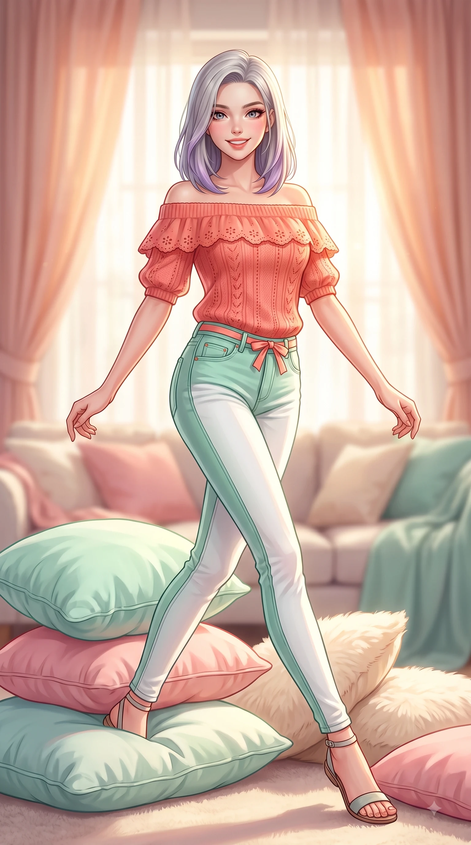 score_9, masterpiece, best quality, ultra-detailed, high-budget anime keyframe, editorial fashion photography, tasteful artistic composition, Caucasian woman. low angle full-body shot from head to toe showing her feet, filling the entire 9:16 vertical frame with her statuesque presence, stretching her vertical silhouette. stepping forward gracefully in mid-motion with a delighted cute expression, displaying her statuesque model proportions while resting playfully on fluffy pastel cushions while looking directly at the camera with a radiant smile. The composition keeps background elements in soft focus with dreamy bokeh. cozy pastel living room decor and soft textile textures blurred smoothly behind her. She has an absolutely perfect, statuesque 8.5-heads proportion, an exceptionally tall and slender model-like female figure with impossibly long slender legs and an ultra-slim waist. sharp v-shaped jawline, high-bridge nose, intricate jewel-like eyes with depth, thick eyelashes, glossy lips with a natural sheen, flawlessly proportioned anatomical accuracy, natural body alignment, perfectly sculpted elegant limbs, clean dynamic posture without body distortion. wearing a stylish off-shoulder coral knit top with slim-fit white stretch denim pants in refreshing mint green and crisp white, woven with delicate eyelet lace and soft cotton, accented with a dainty waist ribbon bow, the breezy lightweight fabric fluttering softly against her delicate frame. bathed in soft, warm morning sunlight streaming through sheer curtains. highly saturated vibrant anime colors, detailed shading with soft gradients, rich glossy textures, high-contrast stereoscopic depth, volumetric dynamic lighting, master piece, 9:16 ratio