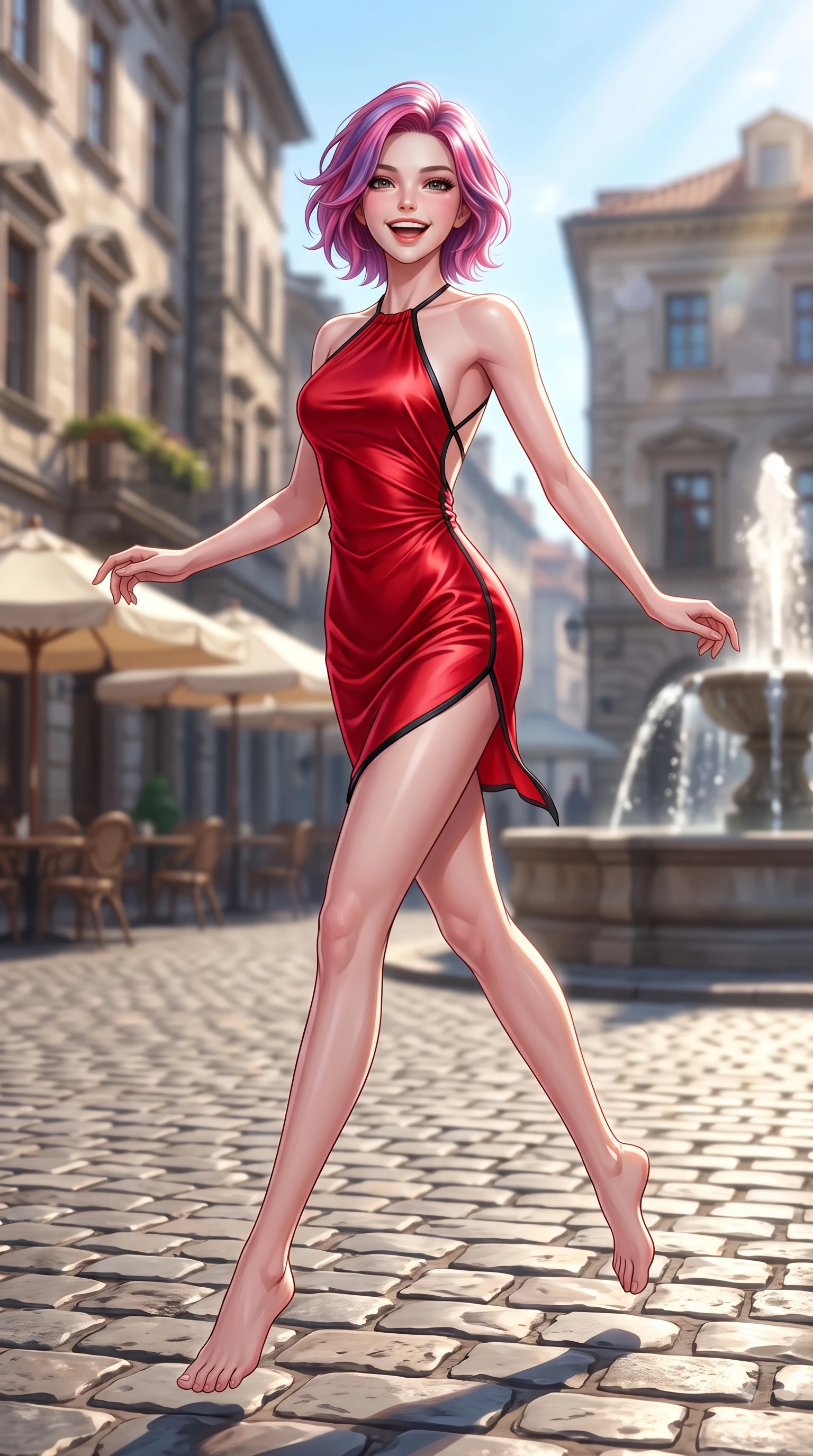 score_9, masterpiece, best quality, ultra-detailed, high-budget anime keyframe, editorial fashion photography, tasteful artistic composition, Caucasian woman. low angle full-body shot from head to toe showing her feet, filling the entire 9:16 vertical frame with her statuesque presence, stretching her vertical silhouette. leaping with pure youthful energy through the scene with a radiant bright smile, her long slender legs balanced gracefully while stepping along a historic paved square surrounded by vintage cafe umbrellas. The composition keeps background elements in soft focus with dreamy bokeh. sunlit fountain water sprays and cobblestones softened in dreamy shallow focus. She has an absolutely perfect, statuesque 8.5-heads proportion, an exceptionally tall and slender model-like female figure with impossibly long slender legs and an ultra-slim waist. sharp v-shaped jawline, high-bridge nose, intricate jewel-like eyes with depth, thick eyelashes, glossy lips with a natural sheen, flawlessly proportioned anatomical accuracy, natural body alignment, perfectly sculpted elegant limbs, clean dynamic posture without body distortion. wearing a delicate silk halter-neck dress following her curves gracefully in vibrant scarlet red and sleek black trim, crafted from smooth liquid silk satin, finished with delicate criss-cross back straps highlighting her bare shoulders, the elegant draped fit framing her graceful clavicle and slender torso. illuminated by clear sky refractions and vibrant specular highlights. highly saturated vibrant anime colors, detailed shading with soft gradients, rich glossy textures, high-contrast stereoscopic depth, volumetric dynamic lighting, master piece, 9:16 ratio