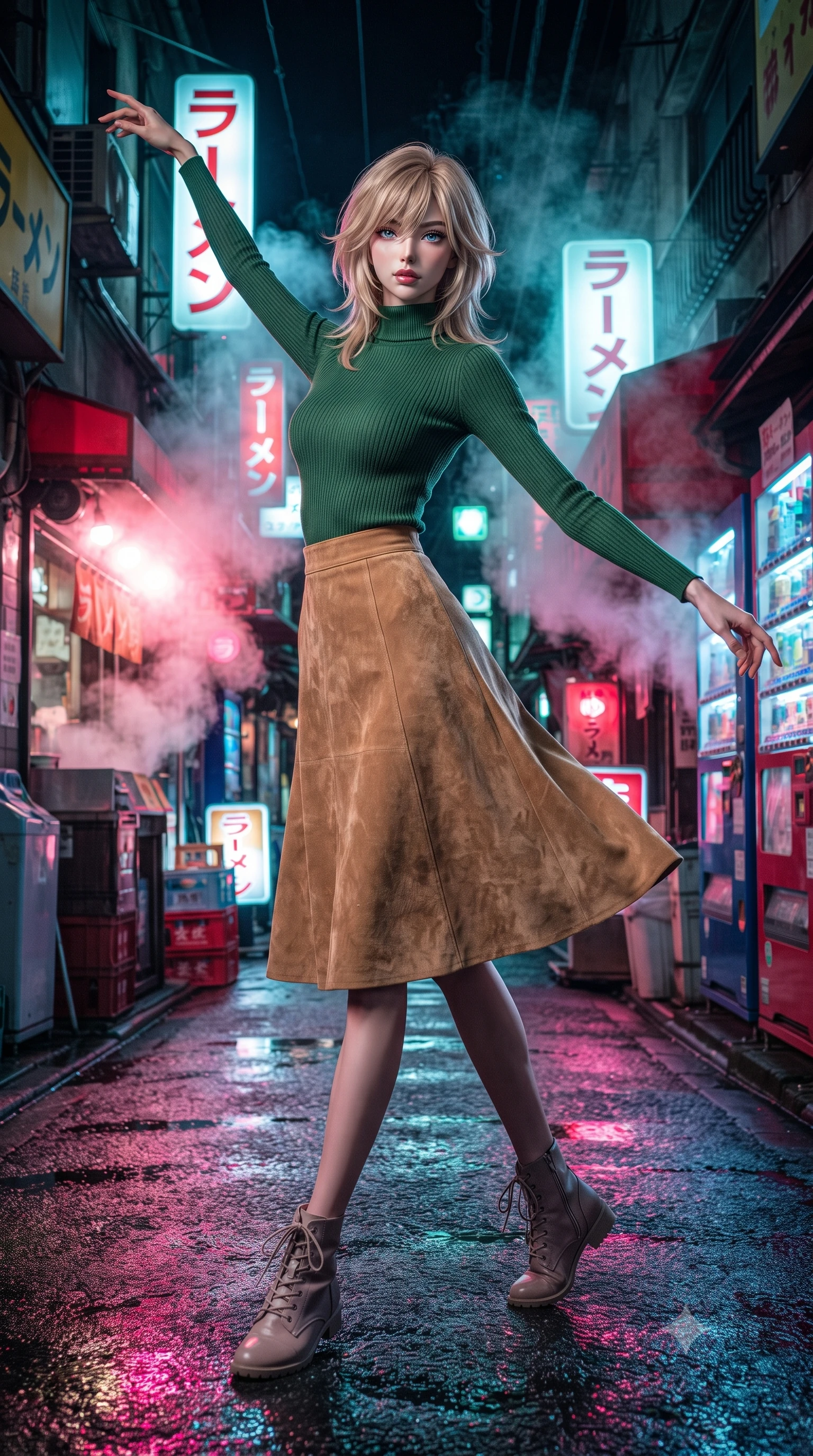 score_9, masterpiece, best quality, ultra-detailed, high-budget anime keyframe, editorial fashion photography, tasteful artistic composition, Japanese woman. low angle full-body shot from head to toe showing her feet, filling the entire 9:16 vertical frame with her statuesque presence, stretching her vertical silhouette. twirling with balletic elegance inside a narrow atmospheric Tokyo alley at night densely packed with glowing signs in Japanese katakana steam rising from ramen shops vending machines casting colored pools of light on wet asphalt. She has a statuesque 8.5-heads proportion, an exceptionally tall, slender and willowy model-like build with impossibly long legs and a highly sculpted ultra-slim waist. sharp v-shaped jawline, high-bridge nose, intricate jewel-like eyes with depth, thick eyelashes, glossy lips with a natural sheen. wearing a high-neck forest green ribbed long-sleeve top paired with a tan suede A-line midi skirt. intense mixed neon colors in pink red blue and green reflecting off wet asphalt surfaces with steam catching and diffusing the light into a vibrant urban glow. 2k, ultra detail, master piece, 9:16 ratio