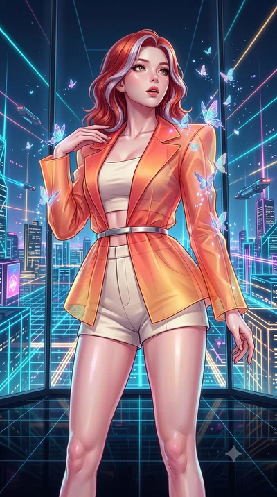 score_9, masterpiece, best quality, ultra-detailed, High-budget Anime Keyframe, Caucasian woman, strictly human ears. Low angle cowboy shot filling the entire 9:16 frame with her statuesque presence. Scenario 545: watching digital butterflies land on