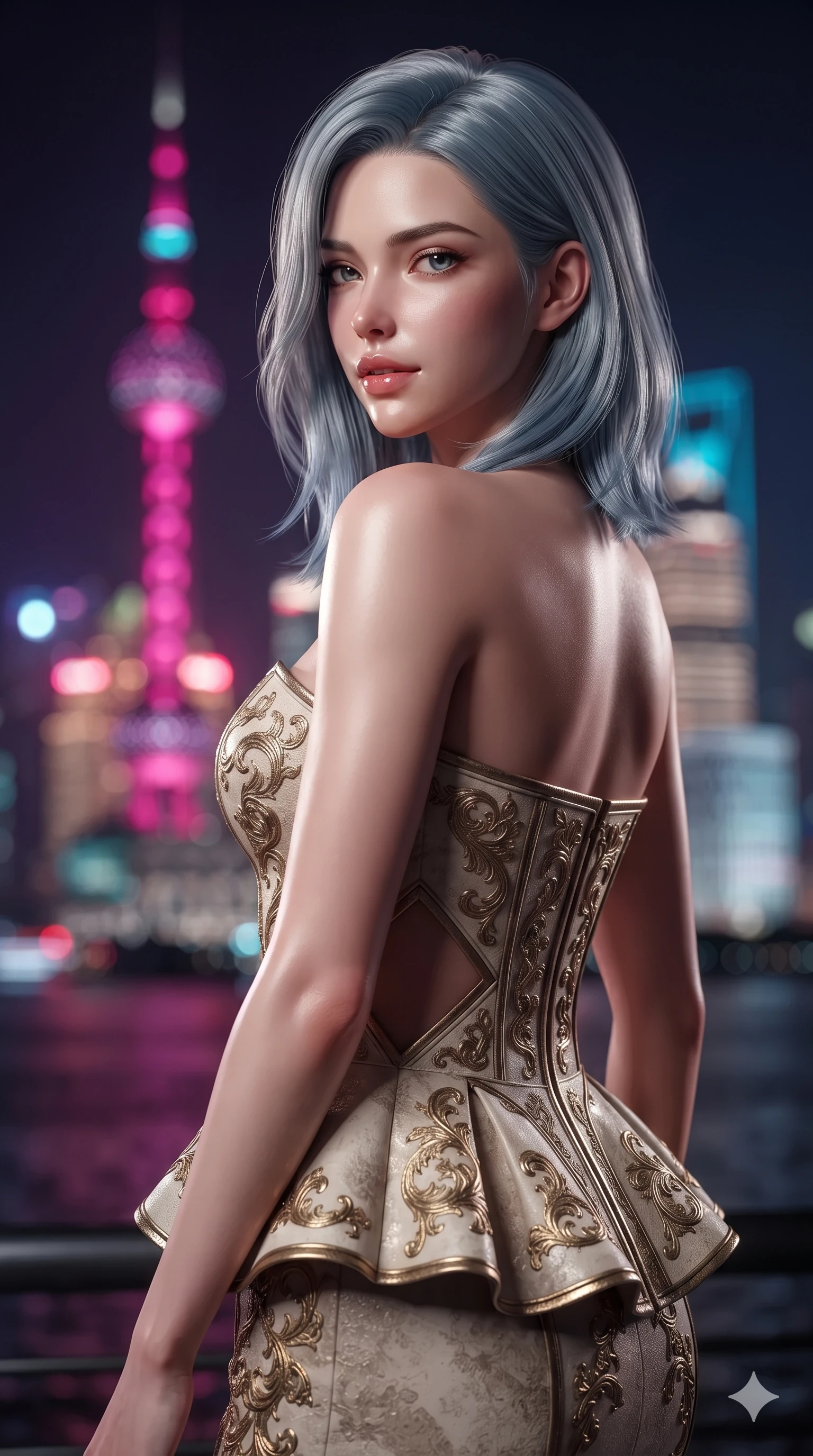 score_9, masterpiece, best quality, ultra-detailed, high-budget anime keyframe, editorial fashion photography, tasteful artistic composition, Korean woman. close-up cowboy shot from the waist and thighs up, the character dominates the composition, filling the frame with her large presence. posing in an alluring rear three-quarter angle, looking over a bare shoulder with parted glossy lips, her hips cocked back to highlight her slim hourglass curve while arching her spine backward with effortless dancer poise, one hand sliding along her hip line as vibrant Pudong neon neon washes across her silhouette. The background shows a soft-focus blazing neon spires of the Oriental Pearl Tower, illuminated Huangpu river cruise ships, and geometric Art Deco railings blurred into magenta, electric cyan, and deep obsidian bokeh. She has an exceptionally elegant, slender, and willowy female figure with an ultra-slim waist, flat toned midriff, narrow ribcage, and sculpted feminine hips creating an alluring, slim hourglass silhouette without bulk. sharp v-shaped jawline, high-bridge nose, intricate jewel-like sparkling eyes with depth, thick eyelashes, glossy parted lips with a natural sheen, intensely captivating and seductive bedroom-eyes expression, exuding both youthful cute charm and sovereign luxury allure, flawlessly proportioned anatomical accuracy, strict slender model proportions, natural body alignment, perfectly sculpted long slender limbs, ultra-slim waistline, clean dynamic posture without body distortion. wearing a modern peplum corset dress with side-waist diamond cutouts and an ultra-tight silhouette in Istrian stone cream and antique gold-leaf, tailored from heavy double-faced silk georgette with an exceptionally fluid drape, finished with a minimalist chrome choker and a single teardrop diamond pendant, the form-contouring cut accentuating her sculpted flat midriff, narrow delicate ribcage, and gracefully curvy hips with intoxicating allure. bathed in vibrant magenta and electric cyan river skyline reflections contrasting with warm amber interior downlights. ultra-reflective glossy finish, specular highlights, rich textural contrasts, high-contrast stereoscopic depth, volumetric dynamic lighting, 2k, ultra detail, master piece, 9:16 ratio