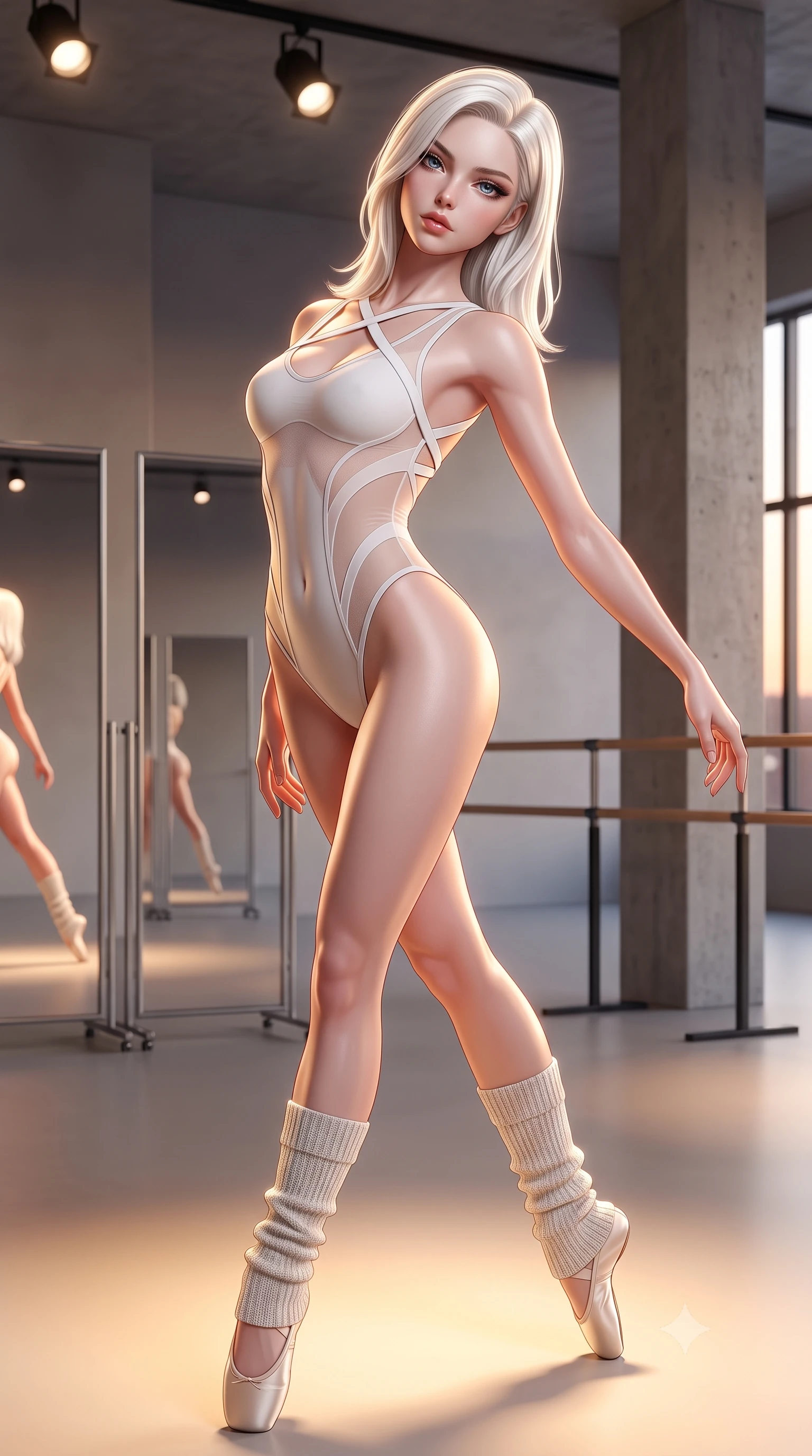 score_9, masterpiece, best quality, ultra-detailed, high-budget anime keyframe, semi-realistic 3D game render, editorial fashion photography, tasteful artistic composition, Caucasian woman. close-up cowboy shot from the waist and thighs up, the character dominates the composition, filling the frame with her large presence. leaning back with relaxed seductive grace, her sculpted collarbones and narrow waist highlighted as she casts smoldering bedroom-eyes directly into the camera while executing an elegant mid-motion arabesque turn before the mirrors, the tight fabric sculpting her feminine hip contour with statuesque precision. The composition keeps background elements in soft focus with creamy bokeh. minimalist architectural concrete pillars and barre stands softened in clean artistic depth. She has an exceptionally elegant, slender, and willowy female figure with an ultra-slim waist, a gracefully sculpted slender torso, toned flat midriff, and rounded feminine hips creating an alluring hourglass silhouette. sharp v-shaped jawline, high-bridge nose, intricate jewel-like eyes with depth, thick eyelashes, glossy parted lips with a natural sheen, intensely captivating and seductive bedroom-eyes expression, flawlessly proportioned anatomical accuracy, strict slender model proportions, natural body alignment, perfectly sculpted long slender limbs, ultra-slim waistline, clean dynamic posture without body distortion. wearing a modern athletic monokini leotard with criss-cross back harness straps and high-hip cut in pristine chalk white and pale nude, made of sheer contouring power-mesh panels with anatomical curve lines, accessorized with knitted leg warmers and delicate satin ballet slippers, the form-contouring material adhering flawlessly to her sculpted flat midriff and slender torso, emphasizing her long leg lines and perfectly proportioned willowy build. bathed in warm floor-level uplighting and dramatic overhead theatrical spotlights. highly saturated vibrant anime colors, detailed shading with soft gradients, rich glossy textures, high-contrast stereoscopic depth, volumetric dynamic lighting, master piece, 9:16 ratio