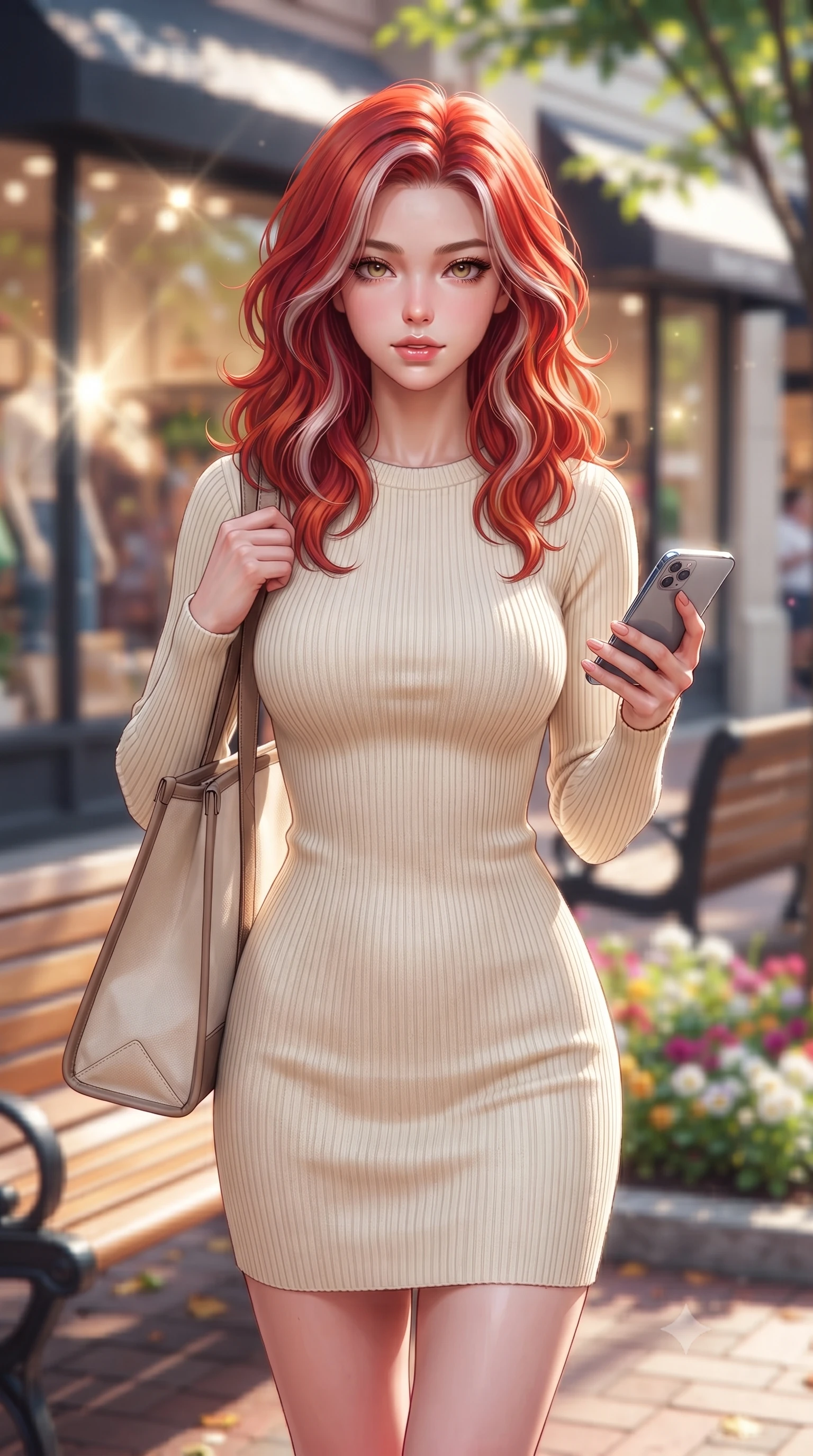 score_9, masterpiece, best quality, ultra-detailed, high-budget anime keyframe, editorial fashion photography, tasteful artistic composition, Caucasian woman. close-up cowboy shot from the waist and thighs up, the character dominates the composition, filling the frame with her large presence, background elements kept in soft focus. gazing at the camera with a smoldering, magnetic half-smile, softly parting her glossy lips set against a soft-focus background of on a leafy shopping avenue with wooden benches and flower beds carrying a chic canvas tote bag and a smart phone in her hand. She has an exceptionally elegant, slender, and willowy female figure with an ultra-slim waist, a gracefully sculpted slender torso, and a refined silhouette. sharp v-shaped jawline, high-bridge nose, intricate jewel-like eyes with depth, thick eyelashes, glossy lips with a natural sheen. wearing form-contouring form-fitting ribbed knit dress in cream, contouring her slender silhouette. bright afternoon sunbeams creating sharp reflections on the glass shop windows. highly saturated vibrant anime colors, detailed shading with soft gradients, rich glossy textures, high-contrast stereoscopic depth, volumetric dynamic lighting, master piece, 9:16 ratio