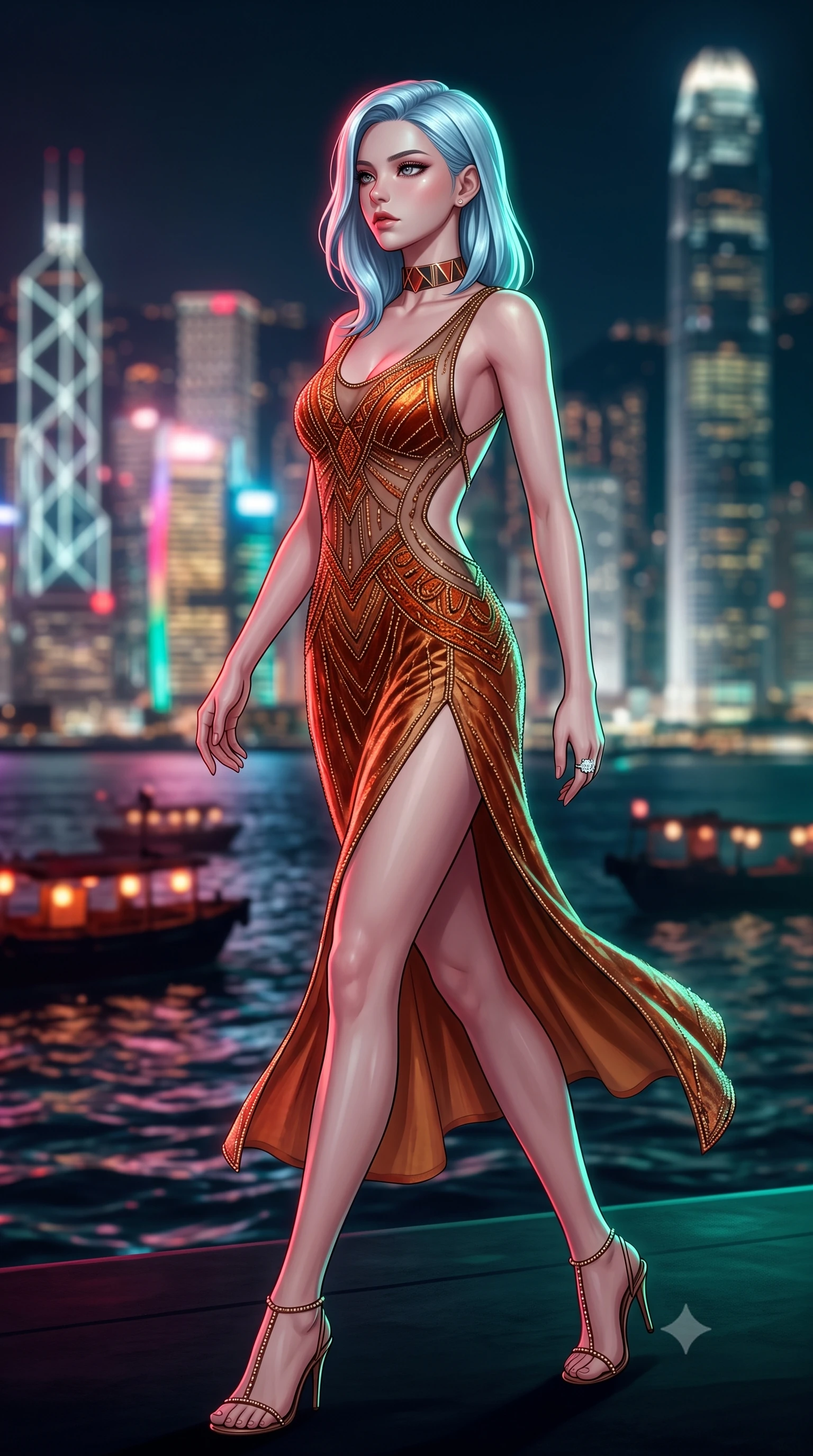 score_9, masterpiece, best quality, ultra-detailed, high-budget anime keyframe, semi-realistic 3D game render, editorial fashion photography, tasteful artistic composition, Korean woman. low angle full-body shot from head to toe showing her feet, filling the entire 9:16 vertical frame with her statuesque presence, stretching her vertical silhouette. striding forward in a proud supermodel runway stride, hips swaying in an alluring kinetic rhythm that accentuates her curvy hourglass silhouette while turning in an alluring contrapposto stance as her high-slit dress flutters in the sea breeze, gazing across the glittering high-density Kowloon skyline. The composition keeps background elements in soft focus with creamy bokeh. bobbing lantern barges and harbor water ripples softened in moody cyberpunk shallow focus. She has an exceptionally tall and slender model-like 8.5-heads proportion, an ultra-slim waist, a flat toned midriff, narrow delicate ribcage, and beautifully sculpted feminine hips creating a graceful, slim hourglass silhouette without any bulky heaviness, with impossibly long slender legs. sharp v-shaped jawline, high-bridge nose, intricate jewel-like eyes with depth, thick eyelashes, glossy parted lips with a natural sheen, intensely captivating and seductive bedroom-eyes expression, flawlessly proportioned anatomical accuracy, strict slender model proportions, natural body alignment, perfectly sculpted long slender limbs, ultra-slim waistline, clean dynamic posture without body distortion. wearing a sheer vintage mesh flapper dress adorned with intricate geometric beadwork over an opaque silk slip in molten desert gold and burnt terracotta, crafted from heavyweight crushed silk velvet with liquid vintage luster, complemented by a bold geometric choker and sparkling cocktail ring, the precision-cut side openings and low-back scoop framing her graceful spine and the sensual sweep of her slim, toned hips. bathed in vivid crimson and laser emerald neon edge lights contrasting with dark oceanic shadows. highly saturated vibrant anime colors, detailed shading with soft gradients, rich glossy textures, high-contrast stereoscopic depth, volumetric dynamic lighting, master piece, 9:16 ratio