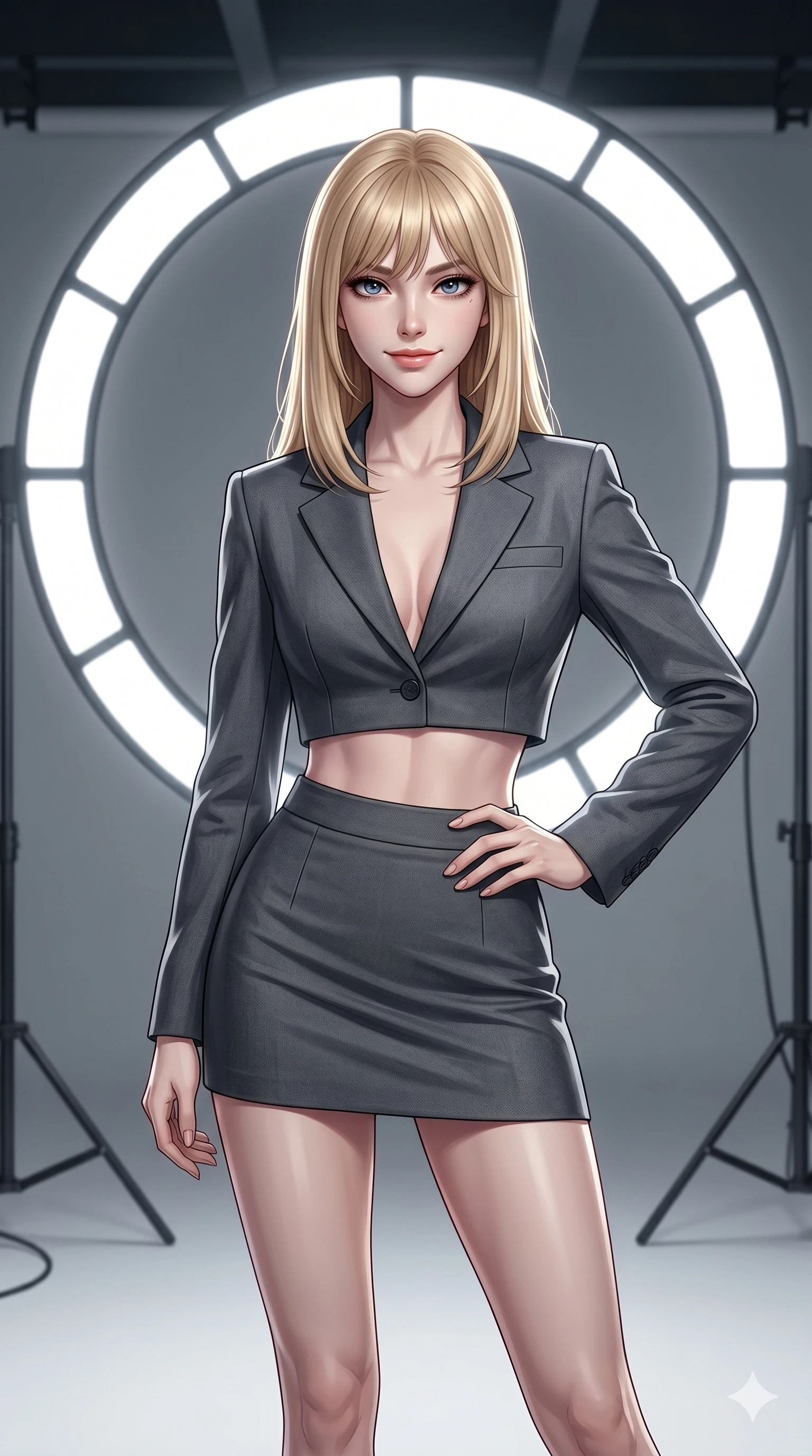 score_9, masterpiece, best quality, ultra-detailed, high-budget anime keyframe, editorial fashion photography, tasteful artistic composition, Japanese woman. cowboy shot from the thighs up, character and outfit filling the frame for maximum editorial presence. posing with quiet magnetic self-assurance, looking directly into the lens with a confident grin in a high-fashion photo studio with a giant circular ring light (Code-P16-041). She has an absolutely perfect 8-heads proportion, an exceptionally tall and slender female figure with impossibly long slender legs and an ultra-slim waist. V-shaped jawline, high-bridge nose, intricate jewel-like eyes with depth, thick eyelashes, glossy lips with a natural sheen. wearing a structured crop blazer with nothing underneath, paired with a high-waisted micro-skirt. bright cinematic key light tracing the sleek contours of her athletic figure. 2k, ultra detail, master piece, 9:16 ratio