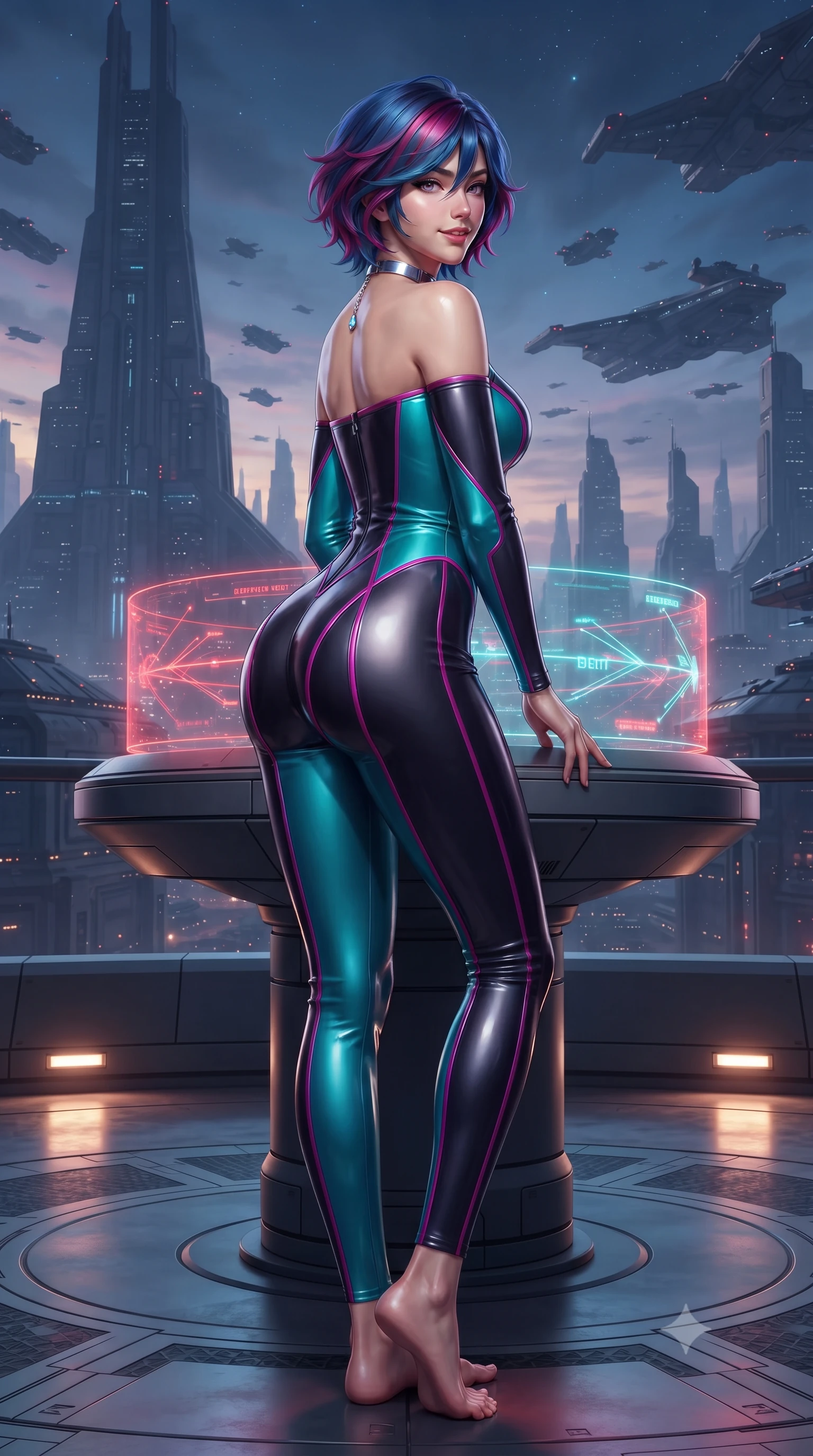 score_9, masterpiece, best quality, ultra-detailed, high-budget anime keyframe, editorial fashion photography, tasteful artistic composition, Korean woman. low angle full-body shot from head to toe showing her feet, filling the entire 9:16 vertical frame with her statuesque presence, stretching her vertical silhouette. walking along the terrace with poise, looking back over her bare shoulder with an irresistible smoldering bedroom-gaze while leaning against the circular tactical holotank with hips cocked back, looking through glowing red and cyan fleet vectors with intoxicating smoldering bedroom-eyes. The surrounding environment is rendered in vivid detail and crisp panoramic clarity: detailed tactical gown tailoring, futuristic rank insignia, and monumental command headquarters architecture in high resolution. She has an exceptionally tall and slender model-like 8.5-heads proportion, an ultra-slim waist, a flat toned midriff, narrow delicate ribcage, and beautifully sculpted feminine hips creating a graceful, slim hourglass silhouette without any bulky heaviness, with impossibly long slender legs. sharp v-shaped jawline, high-bridge nose, intricate jewel-like sparkling eyes with depth, thick eyelashes, glossy parted lips with a natural peach sheen, bright cheerful beaming smile with an enchanting and coquettish sensual glint, exuding both youthful cute charm and seductive allure, flawlessly proportioned anatomical accuracy, strict slender model proportions, natural body alignment, perfectly sculpted long slender limbs, ultra-slim waistline, clean dynamic posture without body distortion. wearing an ultra-sleek second-skin tactical combat bodysuit made of liquid-gloss neoprene with reinforced ribcage contouring seams hugging her hourglass figure in Kowloon neon magenta and electric teal, crafted from fluid liquid silk satin that clings smoothly to her narrow waist and rounded hips with a dewy sheen, finished with a minimalist chrome choker and a single teardrop diamond pendant, the impeccably tailored cut draping gracefully along her slender figure with aristocratic poise. bathed in the multi-colored celestial glow of the rotating holographic star system contrasted with subtle floor-level warm lights. ultra-reflective glossy finish, specular highlights, rich textural contrasts, high-contrast stereoscopic depth, volumetric dynamic lighting, 2k, ultra detail, master piece, 9:16 ratio