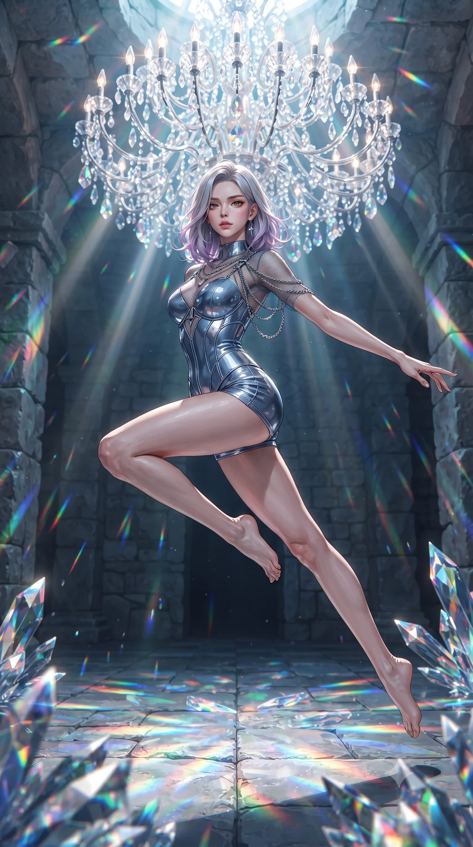 score_9, masterpiece, best quality, ultra-detailed, high-budget anime keyframe, editorial fashion photography, tasteful artistic composition, Caucasian woman. low angle full-body shot from head to toe showing her feet, filling the entire 9:16 vertical frame with her statuesque presence, stretching her vertical silhouette. leaping gracefully through the environment with statuesque elegance and long slender legs poised beneath a giant crystal chandelier refracting subterranean sunlight, sharp crystalline reflections creating an opulent, jewel-like ambience. She has an absolutely perfect, statuesque 8.5-heads proportion, an exceptionally tall and slender model-like female figure with impossibly long slender legs and an ultra-slim waist. sharp v-shaped jawline, high-bridge nose, intricate jewel-like eyes with depth, thick eyelashes, glossy lips with a natural sheen. wearing a chrome-plated structured bodice worn over a sheer mesh top and micro-shorts in slate blue and metallic silver, tailored from high-gloss patent leather, adorned with delicate metallic chain straps along the neckline, the sleek second-skin texture accentuating her magnetic presence. surrounded by a cool jewel-toned luminescence with bright specular rim lights. ultra-reflective glossy finish, specular highlights, metallic sheen, high-contrast stereoscopic depth, volumetric dynamic lighting, 2k, ultra detail, master piece, 9:16 ratio