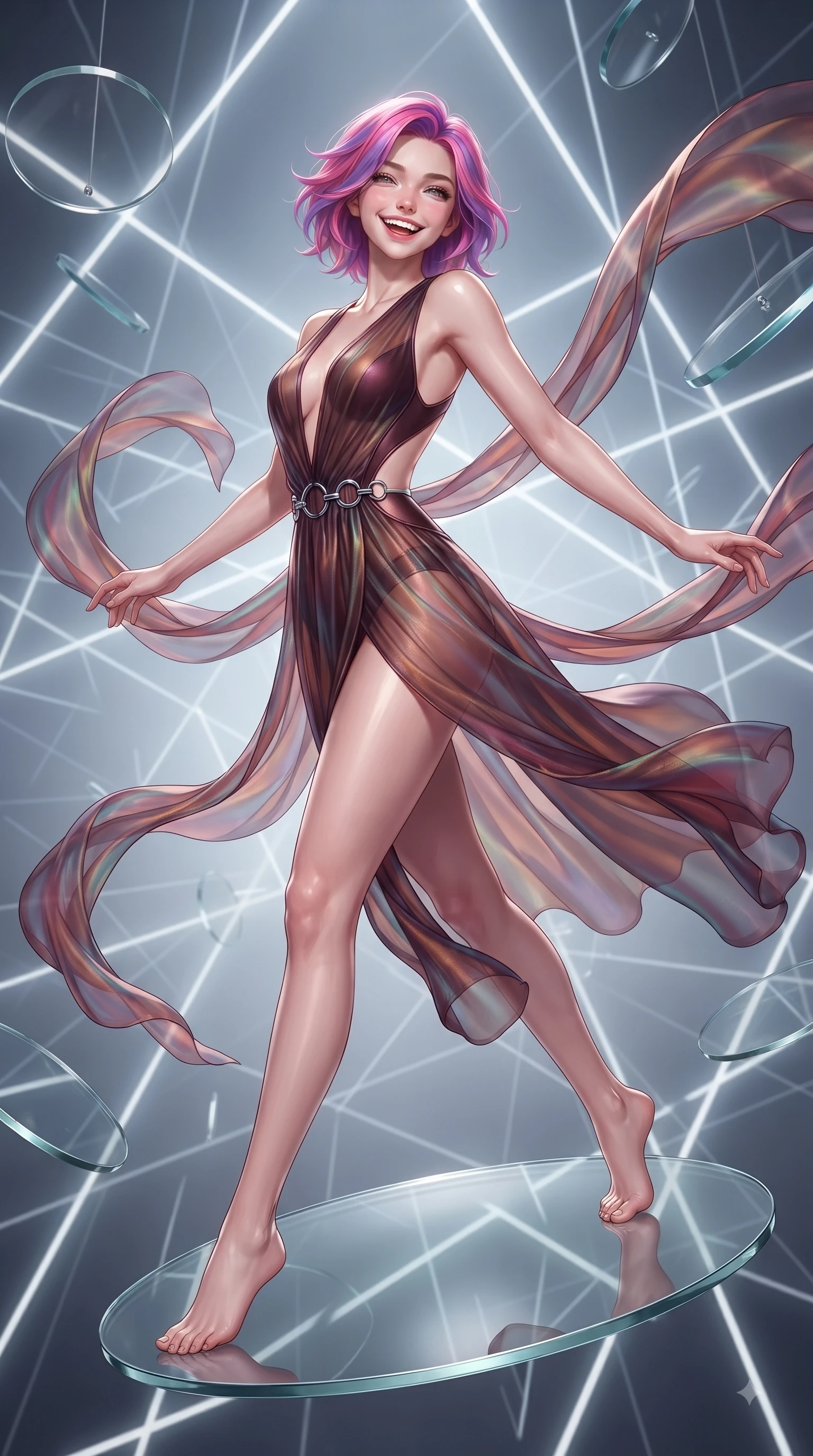 score_9, masterpiece, best quality, ultra-detailed, high-budget anime keyframe, editorial fashion photography, tasteful artistic composition, Caucasian woman. low angle full-body shot from head to toe showing her feet, filling the entire 9:16 vertical frame with her statuesque presence, stretching her vertical silhouette. forging dynamically through the scene with a happy infectious smile, her ultra-slim waist creating a sweeping curve while leaping across a floating glass disk inside a geometric light matrix with a beaming face, translucent silk ribbons swirling around her figure like bright streams. She has an absolutely perfect, statuesque 8.5-heads proportion, an exceptionally tall and slender model-like female figure with impossibly long slender legs and an ultra-slim waist. sharp v-shaped jawline, high-bridge nose, intricate jewel-like eyes with depth, thick eyelashes, glossy lips with a natural sheen, flawlessly proportioned anatomical accuracy, natural body alignment, perfectly sculpted elegant limbs, clean dynamic posture without body distortion. wearing a translucent iridescent chiffon gown with a plunging neckline and open back in deep burgundy and bronze, formed from sleek second-skin neoprene, accented with delicate chrome ring hardware framing her waist, the elegant draped fit framing her graceful clavicle and slender torso. bathed in sharp geometric laser grid highlights and soft airy ambient fill. ultra-reflective glossy finish, specular highlights, metallic sheen, high-contrast stereoscopic depth, volumetric dynamic lighting, 2k, ultra detail, master piece, 9:16 ratio