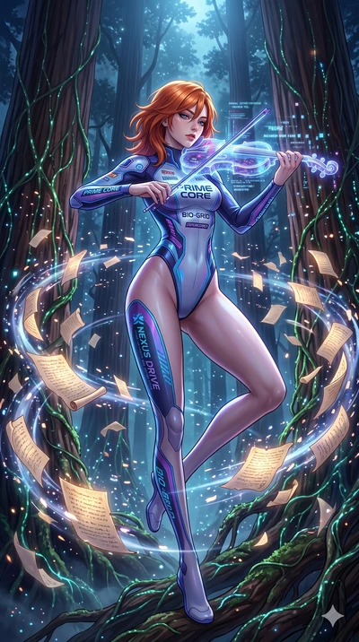 score_9, masterpiece, best quality, ultra-detailed, Set A: High-budget Anime Keyframe, Korean woman. Low angle cowboy shot filling the entire 9:16 frame with her statuesque presence. Theme: Primal Nature. playing a holographic violin in a giant redwo
