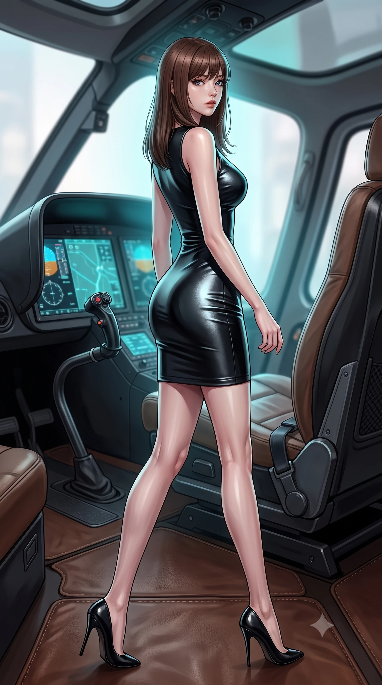 score_9, masterpiece, best quality, ultra-detailed, high-budget anime keyframe, editorial fashion photography, tasteful artistic composition, Korean woman. low angle full-body shot from head to toe showing her feet, filling the entire 9:16 vertical frame with her statuesque presence, stretching her vertical silhouette. stepping gracefully while looking back over her shoulder, her dress draped tightly to reveal her silhouette the background shows a soft-focus the pilot seat of a luxury helicopter with high-tech curved monitor screens. She has an absolutely perfect, statuesque 8.5-heads proportion, an exceptionally tall and slender model-like female figure with impossibly long slender legs and an ultra-slim waist. sharp v-shaped jawline, high-bridge nose, intricate jewel-like eyes with depth, thick eyelashes, glossy lips with a natural sheen. wearing a body-hugging form-fitting black bodycon dress in structured crepe fabric with a simple crew neck. soft cyan glow radiating from the screens onto her sharp jawline. ultra-reflective glossy finish, specular highlights, metallic sheen, high-contrast stereoscopic depth, volumetric dynamic lighting, 2k, ultra detail, master piece, 9:16 ratio