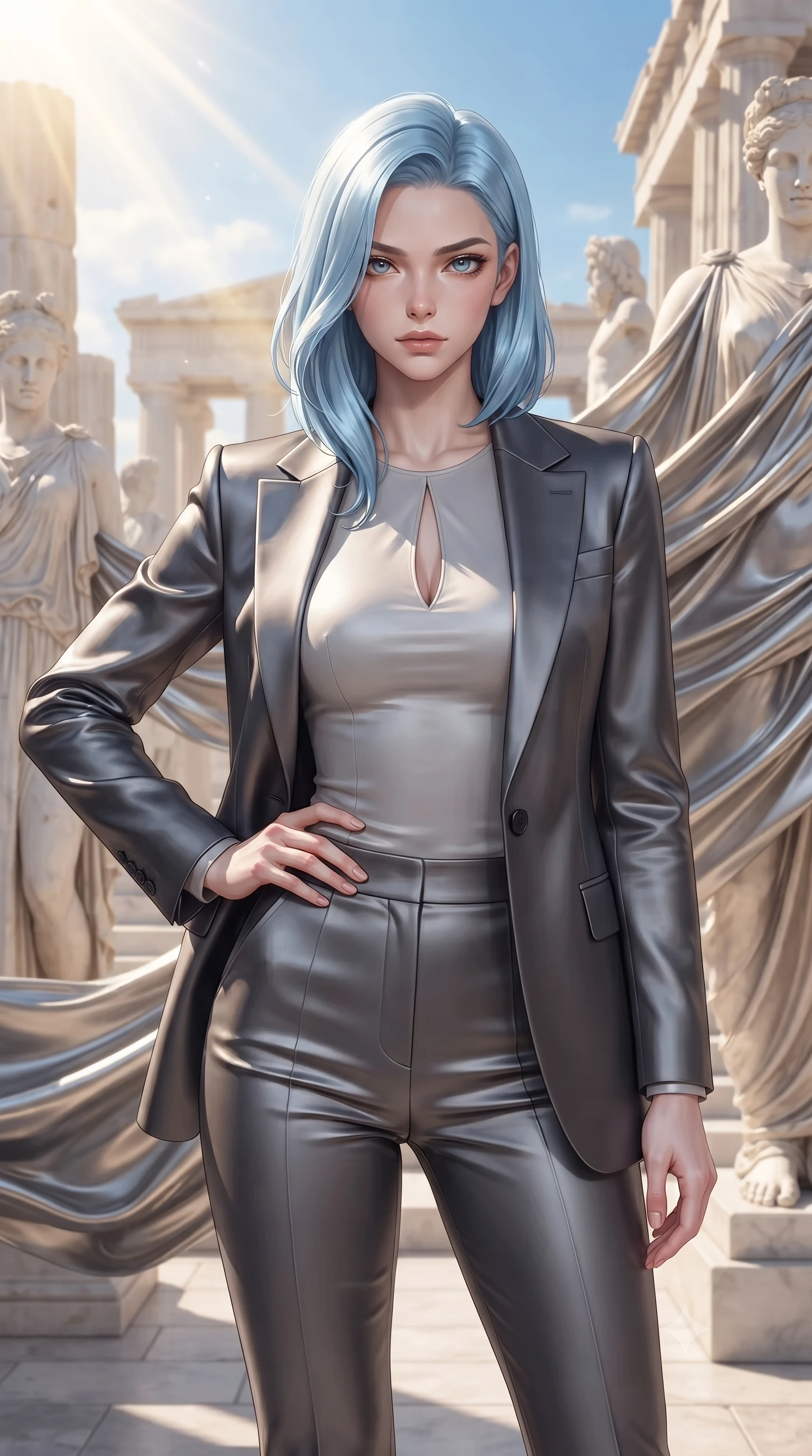 score_9, masterpiece, best quality, ultra-detailed, high-budget anime keyframe, editorial fashion photography, tasteful artistic composition, Korean woman. close-up cowboy shot from the waist and thighs up, the character dominates the composition, filling the frame with her large presence, background elements kept in soft focus. Holding a confident power pose with one hand on her hip, gazing directly into the camera with quiet intensity standing among classical Greek marble statues in an open-air sunlit acropolis, draped metallic fabric echoing the graceful carved folds of classical sculptures. She has an exceptionally elegant, slender, and willowy female figure with an ultra-slim waist, a gracefully sculpted slender torso, and a refined silhouette. sharp v-shaped jawline, high-bridge nose, intricate jewel-like eyes with depth, thick eyelashes, glossy lips with a natural sheen. wearing a tailored silk blazer over a form-contouring top and fitted slacks in charcoal grey and platinum, made of premium stretch velvet with a rich sheen, accented with a Tasteful chest slit framing her clavicle gracefully, the form-contouring material highlighting her ultra-slim waist and long lines. bathed in brilliant golden sunbeams and crisp sky blue ambient light. ultra-reflective glossy finish, specular highlights, metallic sheen, high-contrast stereoscopic depth, volumetric dynamic lighting, 2k, ultra detail, master piece, 9:16 ratio
