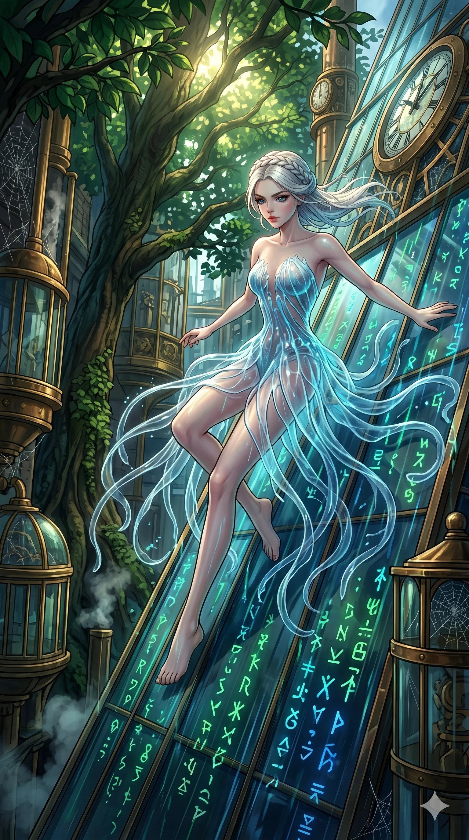 score_9, masterpiece, best quality, ultra-detailed, Set A: High-budget Anime Keyframe, Caucasian (human ears) woman. Upper body close-up from the thighs up, character filling the screen for maximum presence. Theme: Primal Nature. sliding down a glass skyscraper in a steampunk London alleyway, as a digital rain of 17 symbols washes over her. The atmosphere is filled with cinematic sunlight through leaves. She has an absolutely perfect 8-heads proportion, an exceptionally tall and slender female figure with impossibly long slender legs and an ultra-slim waist. Sharp v-shaped jawline, high-bridge nose, intricate jewel-like eyes with depth, glossy lips. Wearing Bioluminescent jellyfish-inspired dress with long flowing transparent tentacles. Cinematic lighting, vivid colors, dramatic shadows, 2k, ultra detail, master piece, 9:16 ratio