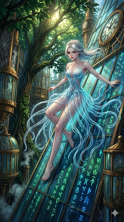 score_9, masterpiece, best quality, ultra-detailed, Set A: High-budget Anime Keyframe, Caucasian (human ears) woman. Upper body close-up from the thighs up, character filling the screen for maximum presence. Theme: Primal Nature. sliding down a glass