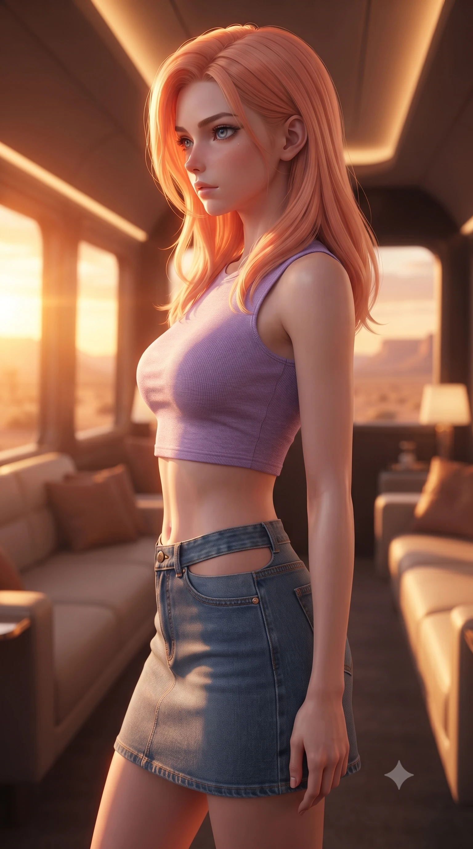 score_9, masterpiece, best quality, ultra-detailed, high-budget anime keyframe, editorial fashion photography, tasteful artistic composition, Japanese woman. close-up cowboy shot from the waist and thighs up, the character dominates the composition, filling the frame with her large presence, background elements kept in soft focus. turning her face in sharp profile, casting a cold, mysterious, yet intensely alluring side gaze, the background shows a soft-focus the VIP lounge of a futuristic trans-continental train crossing a desert valley. She has an exceptionally elegant, slender, and willowy female figure with an ultra-slim waist, a gracefully sculpted slender torso, and a refined silhouette. sharp v-shaped jawline, high-bridge nose, intricate jewel-like eyes with depth, thick eyelashes, glossy lips with a natural sheen. wearing a tailored modern crop top in lavender cotton paired with a low-rise denim skirt and a subtle waist cut-out. the dramatic orange glow of a desert sunset casting long shadows across the cabin. ultra-reflective glossy finish, specular highlights, metallic sheen, high-contrast stereoscopic depth, volumetric dynamic lighting, 2k, ultra detail, master piece, 9:16 ratio
