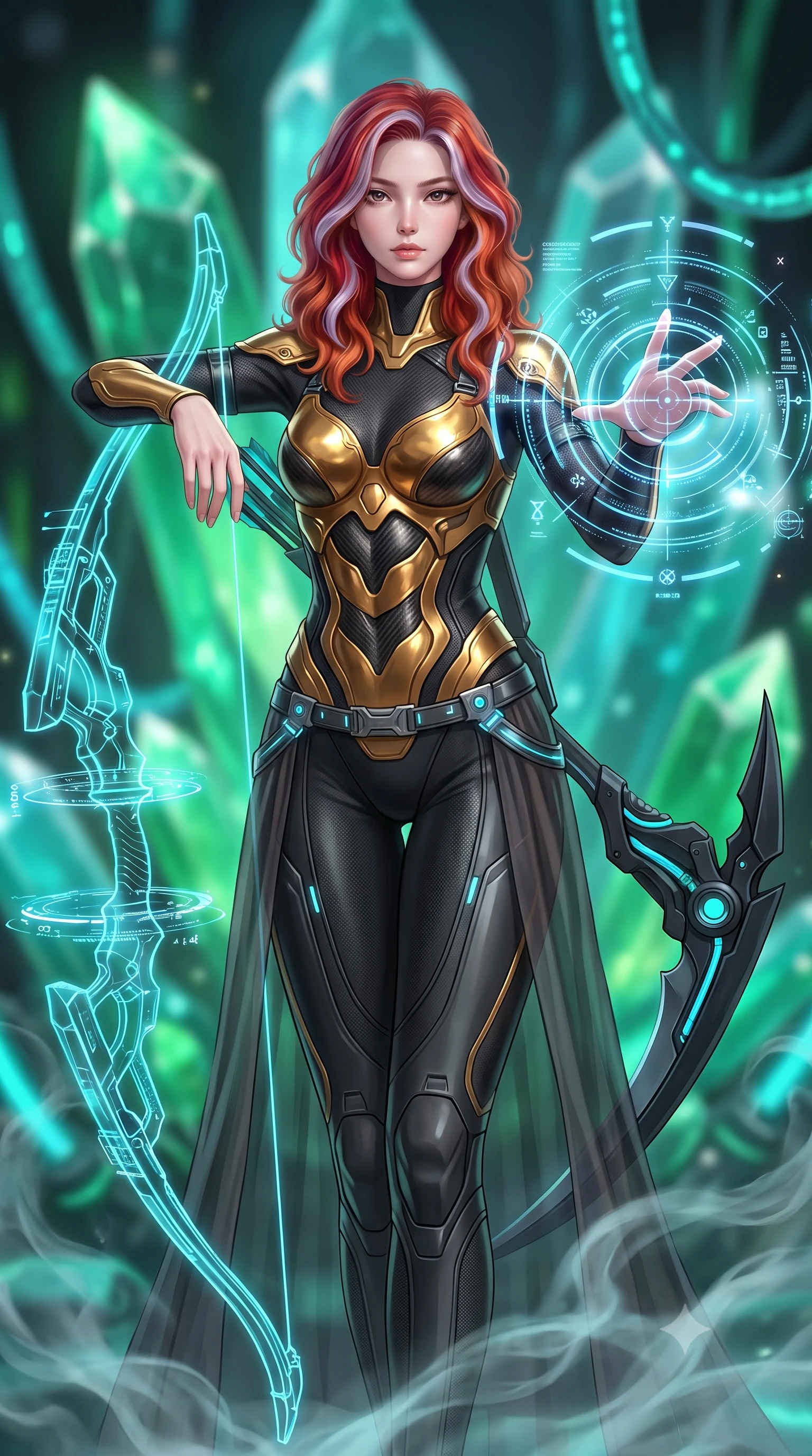 score_9, masterpiece, best quality, ultra-detailed, high-budget anime keyframe, semi-realistic 3D game render, editorial fashion photography, tasteful artistic composition, Caucasian woman. close-up cowboy shot from the waist and thighs up, the character dominates the composition, filling the frame with her large presence. extending one arm gracefully as glowing holographic targeting reticles and data streams orbit her fingertips with sovereign power while resting her holographic bow with calm sovereign authority as swirling coolant mist flows around her slender ankles. The composition keeps background elements in soft focus with creamy bokeh. massive glowing emerald reactor crystals and pulsing coolant tubes blurred into rich green and turquoise bokeh. She has an exceptionally elegant, slender, and willowy female figure with an ultra-slim waist, a gracefully sculpted slender torso, toned flat midriff, and a refined slim silhouette. sharp v-shaped jawline, high-bridge nose, intricate jewel-like eyes with depth, thick eyelashes, glossy lips with a natural sheen, flawlessly proportioned anatomical accuracy, strict slender model proportions, natural body alignment, perfectly sculpted long slender limbs, ultra-slim waistline, clean dynamic posture without body distortion. wearing a sculpted molten-gold and dark carbon cuirass paired with high-mobility combat leggings and sheer side drapes, wielding a glowing plasma energy scythe with fluid grace in matte obsidian carbon black with electric cyan conduits, made of liquid carbon-jersey fabric adhering flawlessly to her sculpted silhouette, reinforced by a sleek titanium tactical harness and glowing micro-energy straps, the glove-like aerodynamic second-skin fit tightly clinging to her ultra-slender waist and athletic curves without adding bulk, accentuating her razor-sharp statuesque lines and slim hourglass silhouette. surrounded by a sacred, mystical, and breathtakingly powerful high-tech archer goddess atmosphere. rich saturated anime colors with glowing neon highlights, detailed shading with soft gradients, rich glossy textures, high-contrast stereoscopic depth, volumetric dynamic lighting, master piece, 9:16 ratio