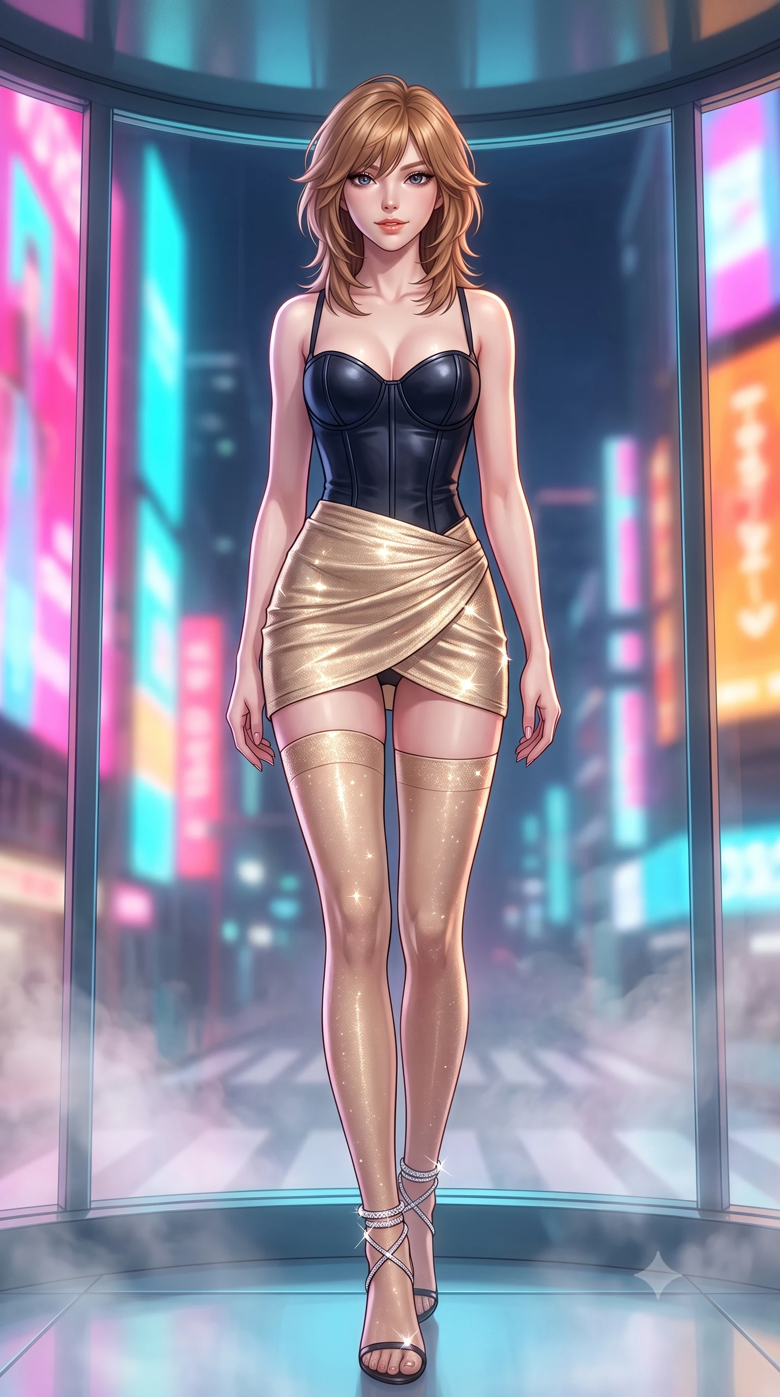 score_9, masterpiece, best quality, ultra-detailed, high-budget anime keyframe, semi-realistic 3D game render, editorial fashion photography, tasteful artistic composition, Korean woman. low angle full-body shot from head to toe showing her feet, filling the entire 9:16 vertical frame with her statuesque presence, stretching her vertical silhouette. stepping slowly toward the camera with hypnotic grace, hips swaying in an alluring sensual rhythm that accentuates her curvy hourglass silhouette and long slender legs while standing tall inside the transparent glass spa capsule jutting out over the crossing, arching her spine with futuristic siren poise. The background shows a soft-focus rising thermal water vapor softened in cinematic cyberpunk luxury shallow focus. She has an absolutely perfect, statuesque 8.5-heads proportion, an exceptionally tall and slender model-like female figure with impossibly long slender legs, an ultra-slim waist, a flat toned midriff, narrow delicate ribcage, and beautifully sculpted feminine hips creating a graceful, slim hourglass silhouette without any bulky heaviness. sharp v-shaped jawline, high-bridge nose, sparkling eyes with hypnotic seductive depth, thick curled eyelashes, glossy parted lips with a natural dewy peach sheen, alluring bedroom-eyes with an enchanting coquettish smile, exuding magnetic siren charisma and sophisticated glamour, flawlessly proportioned anatomical accuracy, strict slender model proportions, natural body alignment, perfectly sculpted long slender limbs, ultra-slim waistline, clean dynamic posture without body distortion. wearing a structured boned leatherette corset bodice paired with an ultra-short micro-wrap mini skirt and sheer thigh-high stockings in midnight obsidian black and liquid champagne gold, woven from stretch metallic lurex jersey casting radiant starlight glints across her silhouette, complemented by strappy stiletto sandals with crystal ankle wraps accentuating her slender calves, the glove-like clinging cut tightly following the natural contour of her hips and long slender legs with youthful 8.5-heads elegance. bathed in dynamic shifting saturated neon pink, cyan, and amber light projected horizontally from monumental electronic billboards. highly saturated vibrant anime colors, detailed shading with soft gradients, rich glossy textures, high-contrast stereoscopic depth, volumetric dynamic lighting, master piece, 9:16 ratio