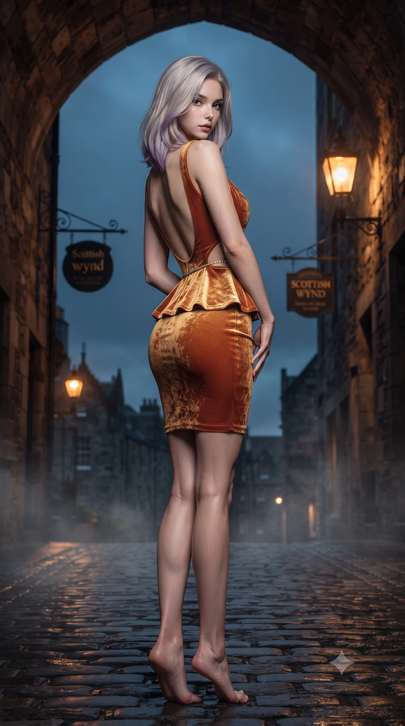 score_9, masterpiece, best quality, ultra-detailed, high-budget anime keyframe, editorial fashion photography, tasteful artistic composition, Caucasian woman. low angle full-body shot from head to toe showing her feet, filling the entire 9:16 vertical frame with her statuesque presence, stretching her vertical silhouette. posing with back turned slightly to the lens, glancing back with smoldering allure as she arches her lower back to emphasize her sculpted feminine hips and slender waist while standing poised under a stone archway leading to the historic wynd, twisting her slender torso in an alluring S-curve in the evening mist. The composition keeps background elements in soft focus with creamy bokeh. rising cobblestone mist and historic wrought-iron hanging signs softened in atmospheric Scottish shallow focus. She has an exceptionally tall and slender model-like 8.5-heads proportion, an ultra-slim waist, a flat toned midriff, narrow delicate ribcage, and beautifully sculpted feminine hips creating a graceful, slim hourglass silhouette without any bulky heaviness, with impossibly long slender legs. sharp v-shaped jawline, high-bridge nose, intricate jewel-like eyes with depth, thick eyelashes, glossy parted lips with a natural sheen, intensely captivating and seductive bedroom-eyes expression, flawlessly proportioned anatomical accuracy, strict slender model proportions, natural body alignment, perfectly sculpted long slender limbs, ultra-slim waistline, clean dynamic posture without body distortion. wearing a modern peplum corset dress with side-waist diamond cutouts and an ultra-tight silhouette in molten desert gold and burnt terracotta, crafted from heavyweight crushed silk velvet with liquid vintage luster, accented with a dainty diamond waist chain catching the ambient light reflections, the dramatically scooped open back descending to the base of her spine, accentuating her razor-sharp statuesque lines and slim hourglass silhouette. bathed in warm flickering amber gaslight contrasting with the moody deep slate blue evening sky. ultra-reflective glossy finish, specular highlights, rich textural contrasts, high-contrast stereoscopic depth, volumetric dynamic lighting, 2k, ultra detail, master piece, 9:16 ratio