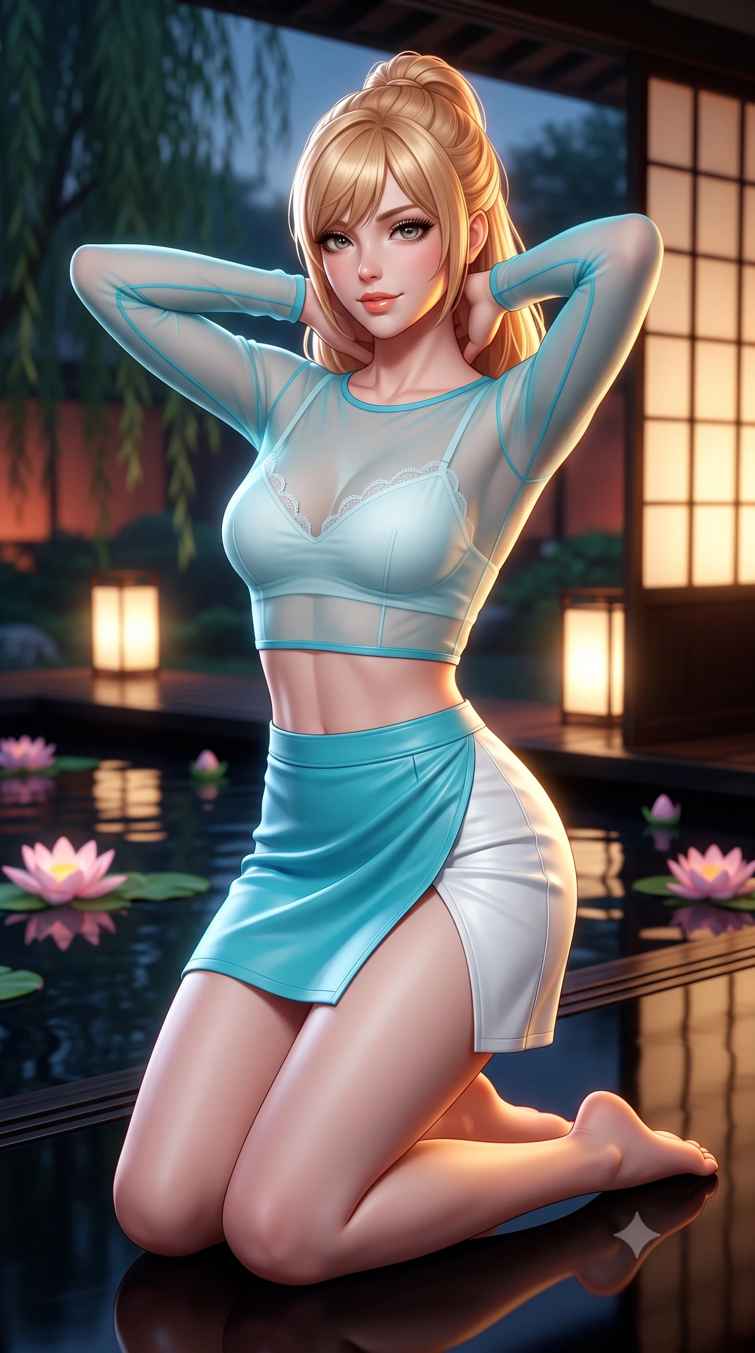 score_9, masterpiece, best quality, ultra-detailed, high-budget anime keyframe, semi-realistic 3D game render, editorial fashion photography, tasteful artistic composition, Caucasian woman. close-up cowboy shot from the waist and thighs up, the character dominates the composition, filling the frame with her large presence. resting both hands lightly behind her neck with elbows raised, arching her spine to highlight her narrow waist, flat midriff, and breathtaking collarbones while kneeling gracefully on the mirror-finish black lacquer engawa veranda, arching her lower back to accentuate her curvy hips beside the dark reflecting pond. The background shows a soft-focus floating pink lotus blossoms on dark water, glowing paper shoji screens, and weeping willow silhouettes blurred into jade, vermilion, and charcoal bokeh. She has an exceptionally elegant, slender, and willowy female figure with an ultra-slim waist, flat toned midriff, narrow ribcage, and sculpted feminine hips creating an alluring, slim hourglass silhouette without bulk. sharp v-shaped jawline, high-bridge nose, sparkling eyes with hypnotic seductive depth, thick curled eyelashes, glossy parted lips with a natural dewy peach sheen, alluring bedroom-eyes with an enchanting coquettish smile, exuding magnetic siren charisma and sophisticated glamour, flawlessly proportioned anatomical accuracy, strict slender model proportions, natural body alignment, perfectly sculpted long slender limbs, ultra-slim waistline, clean dynamic posture without body distortion. wearing a sheer mesh long-sleeve crop top over an opaque strappy micro-bralette and a sleek leatherette mini skirt in Capri turquoise and pure pearl white, made of sheer gossamer chiffon that drapes softly against skin with airy translucence, finished with scalloped eyelash lace trim framing her sweetheart neckline with intimate elegance, the high-slit wrap tailoring accentuating her ultra-slim waistline and the enchanting curve of her feminine hips with alluring seductive charm. illuminated by lacquer floor reflection fill and sharp warm-gold rim lights sculpting her jawline, flat midriff, and voluptuous hip curves. highly saturated vibrant anime colors, detailed shading with soft gradients, rich glossy textures, high-contrast stereoscopic depth, volumetric dynamic lighting, master piece, 9:16 ratio