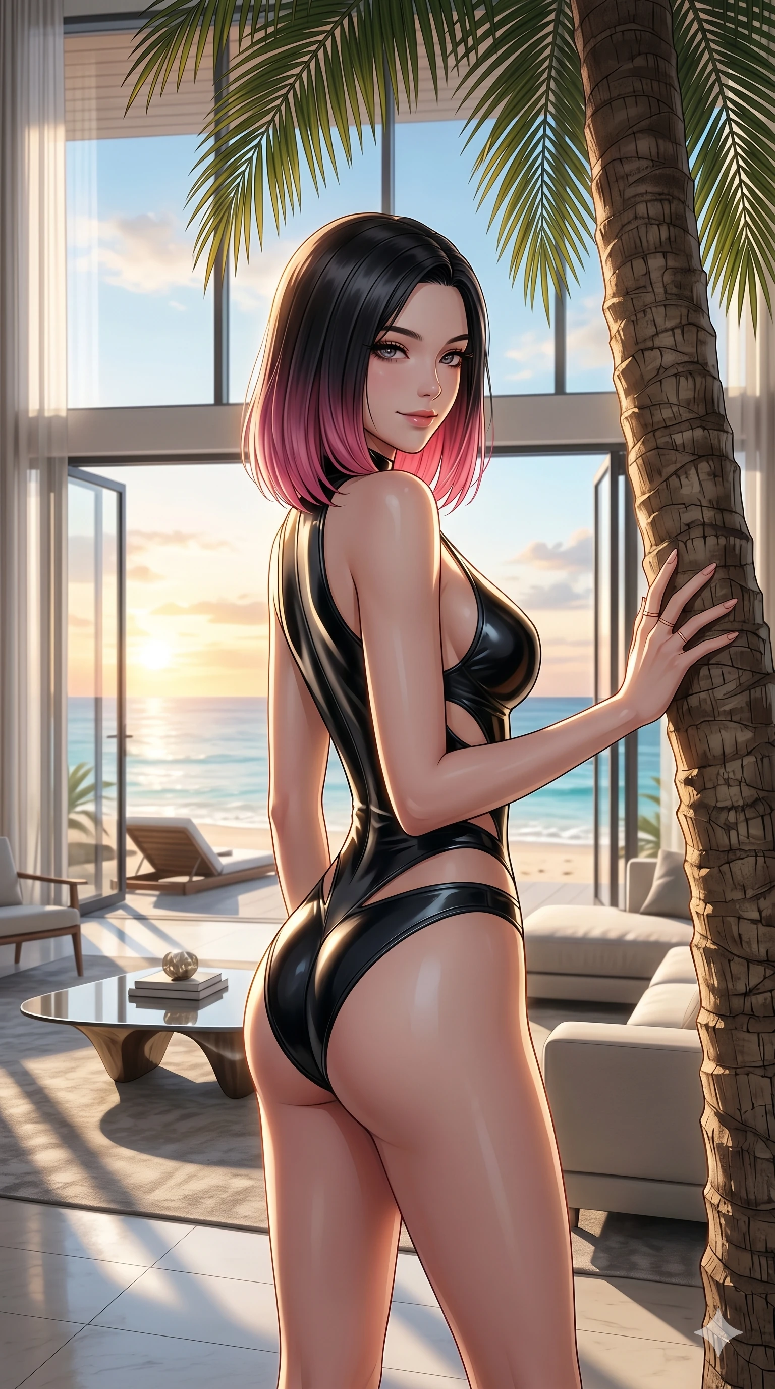 score_9, masterpiece, best quality, ultra-detailed, high-budget anime keyframe, editorial fashion photography, tasteful artistic composition, Korean woman. cowboy shot from the thighs up, character and outfit filling the frame for maximum editorial presence. resting one hand on a palm tree, looking over her shoulder with a bedroom-eyes smile inside a beachside penthouse suite with large open glass windows (Code-P19-095). She has an absolutely perfect 8-heads proportion, an exceptionally tall and slender female figure with impossibly long slender legs and an ultra-slim waist. V-shaped jawline, high-bridge nose, intricate jewel-like eyes with depth, thick eyelashes, glossy lips with a natural sheen. wearing a sleek latex-feel swimsuit with a plunging neck and side cutouts. bright cinematic volumetric lighting with a warm gold rim light tracing her contours. 2k, ultra detail, master piece, 9:16 ratio